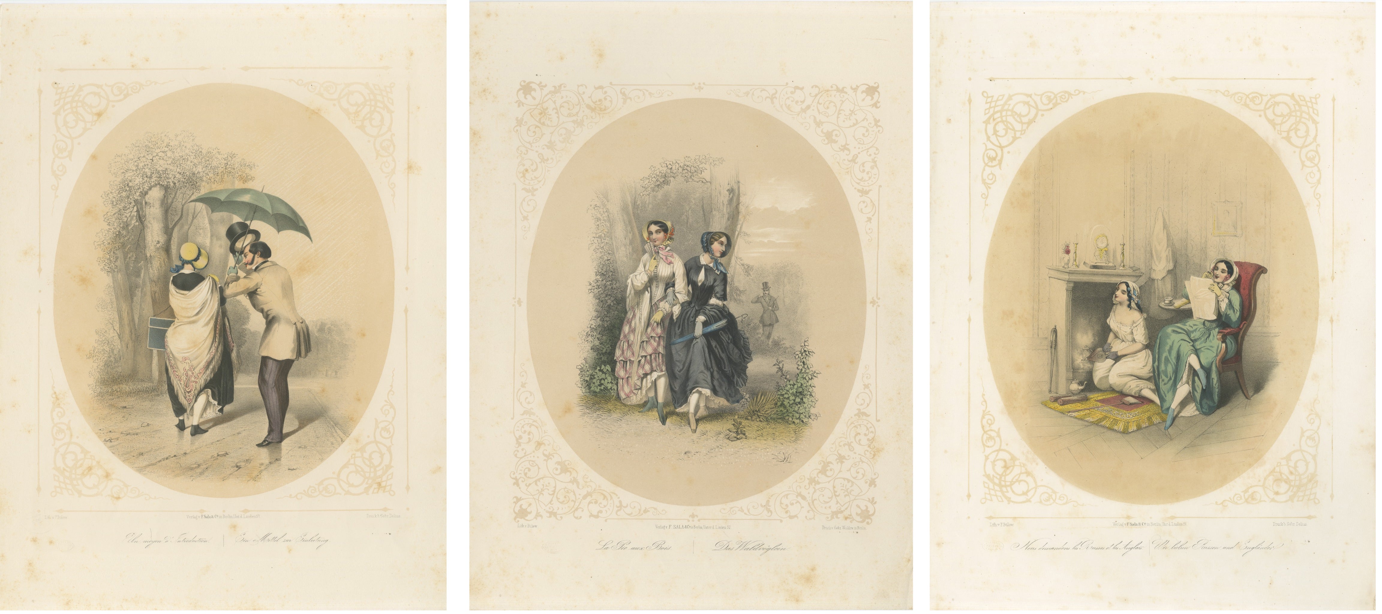 Set of Three Romantic Courtship & Social Satire Lithographs, Berlin, circa 1850 For Sale