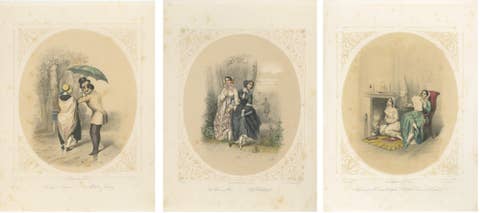 Set of Three Romantic Courtship & Social Satire Lithographs, Berlin, circa 1850