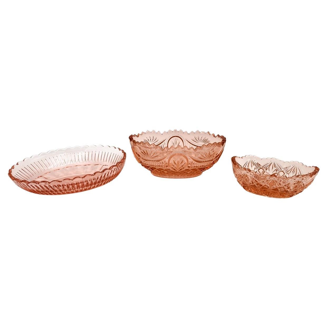 Set of three rose glass vessels, Poland, 1970s. For Sale