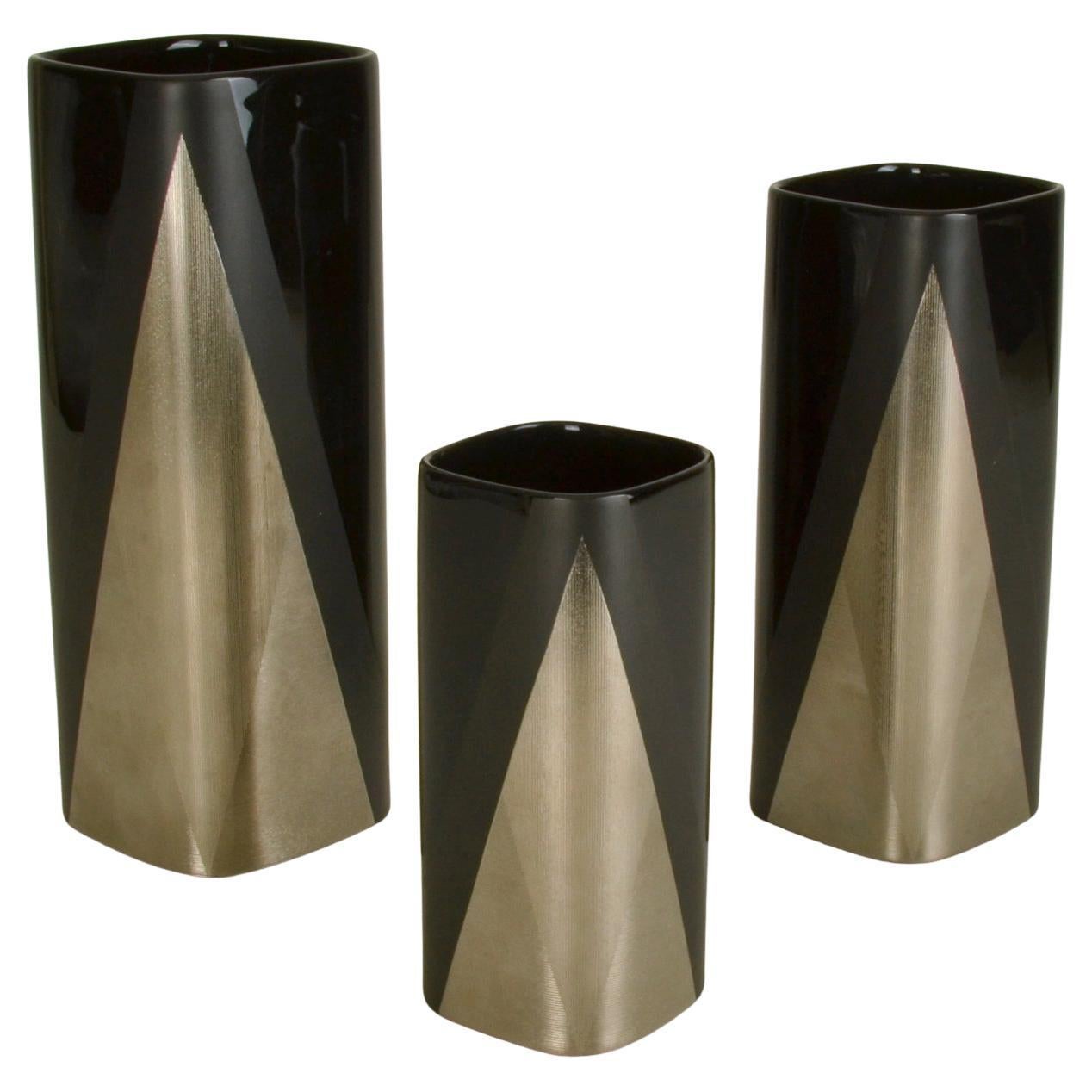 Set von drei Rosenthal-Vasen, Porzellan Metallic und schwarzes Studioline von Dresler