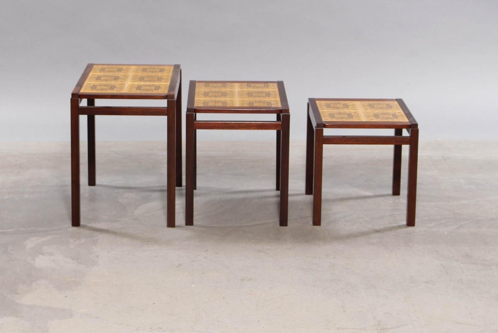 Mid-Century Modern Set of Three Rosewood and Ceramic Tile Danish Modern Nesting Tables