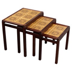 Vintage Set of Three Rosewood and Ceramic Tile Danish Modern Nesting Tables