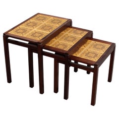 Set of Three Rosewood and Ceramic Tile Danish Modern Nesting Tables