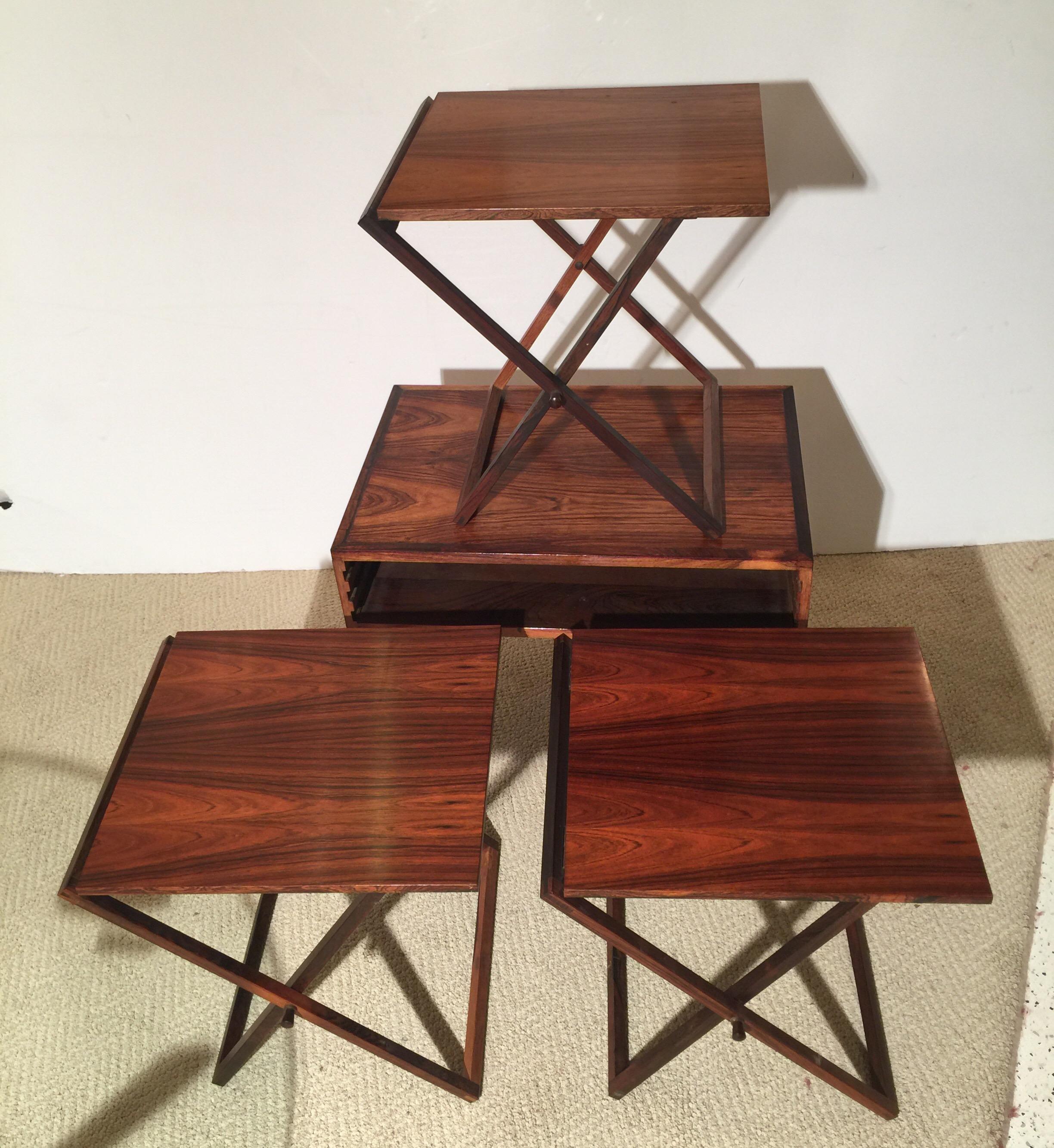 Set of Three Rosewood Folding Tables Stored in End Table by Illum Wikkelsø In Good Condition In Lambertville, NJ