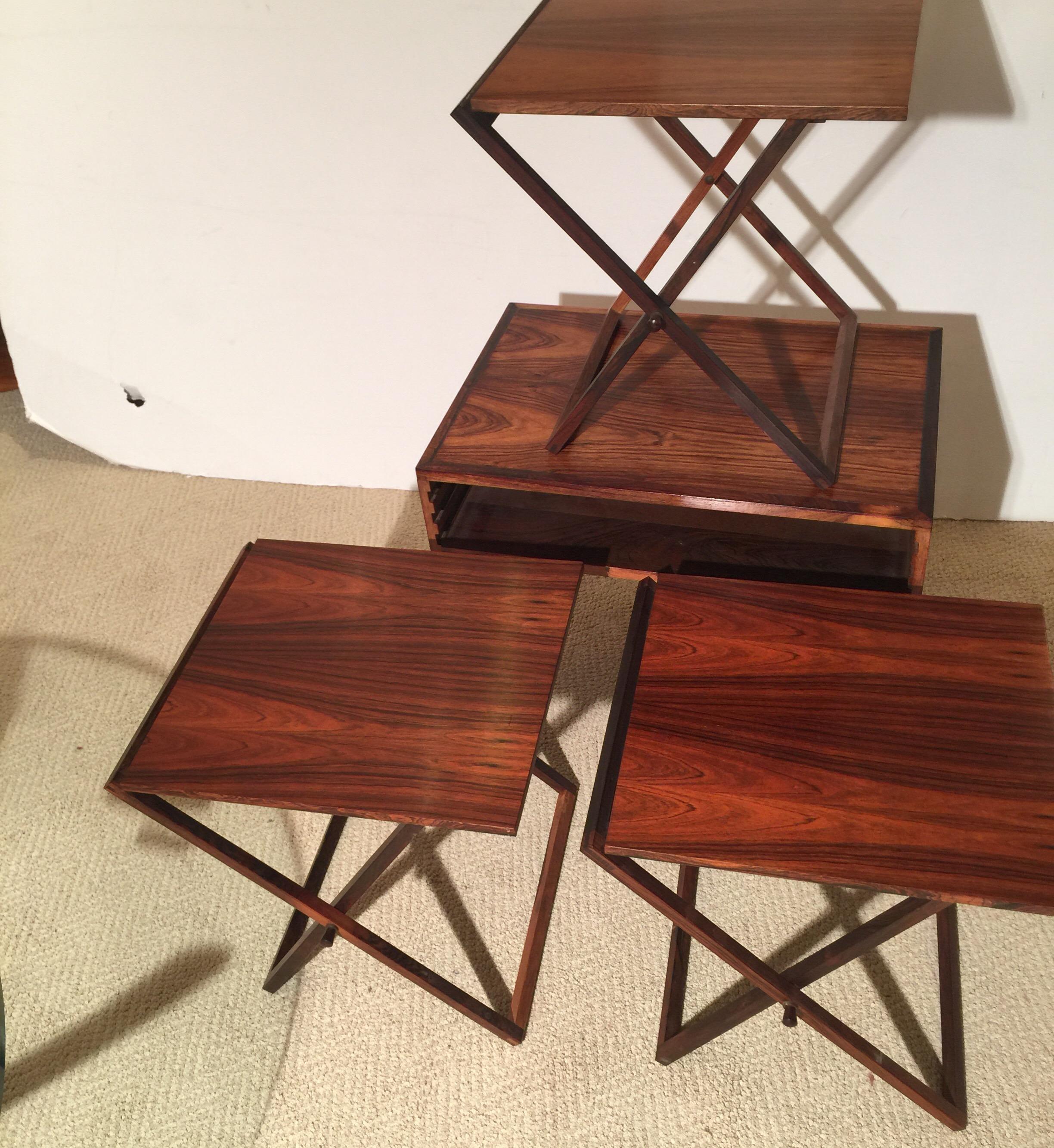 20th Century Set of Three Rosewood Folding Tables Stored in End Table by Illum Wikkelsø