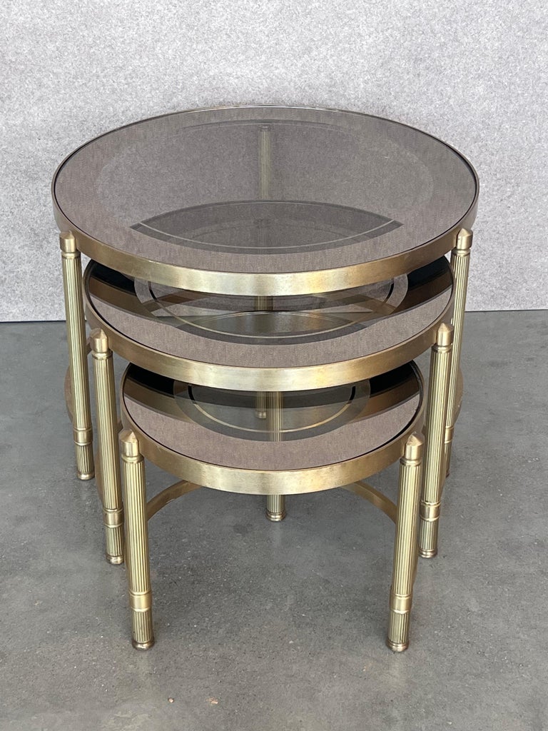 Set of Three Round Brass Nesting Tables with Smoked Pink Glass Tops For ...