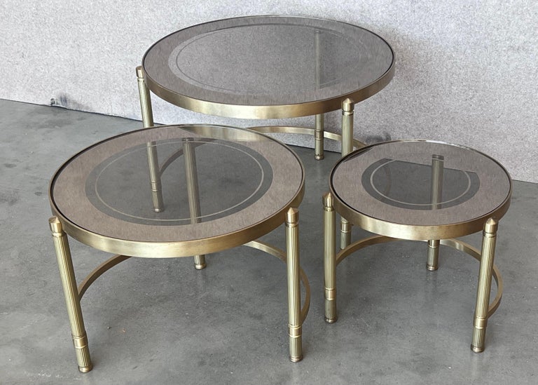 Set of Three Round Brass Nesting Tables with Smoked Pink Glass Tops For ...