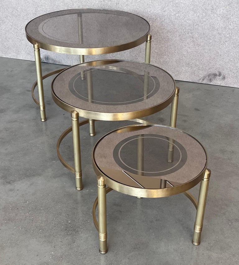 Set of Three Round Brass Nesting Tables with Smoked Pink Glass Tops For ...
