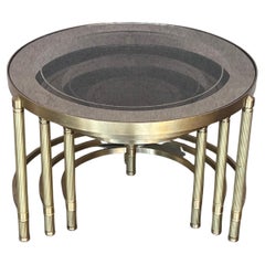 Vintage Set of Three Round Brass Nesting Tables with Smoked Pink Glass Tops
