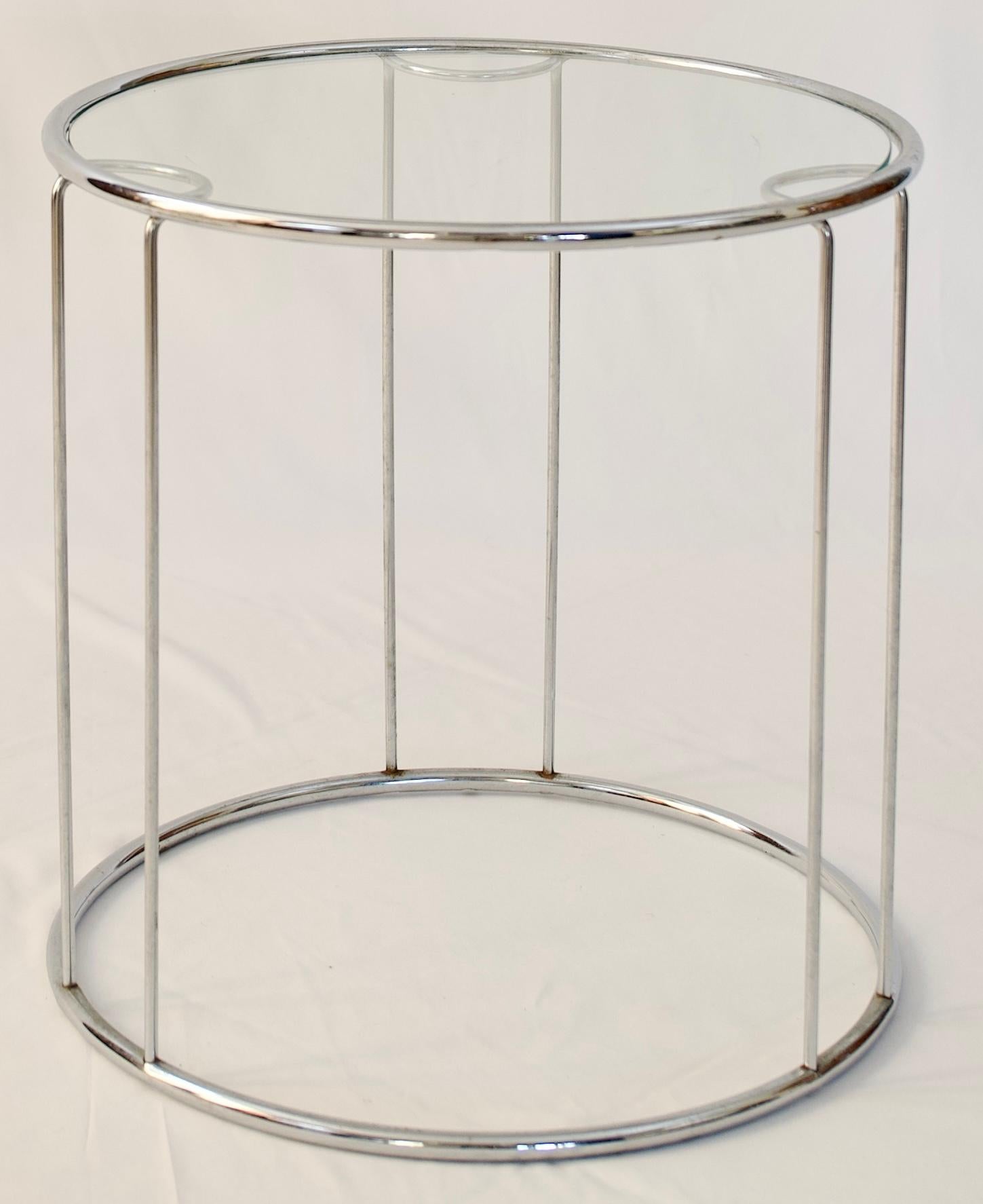 Hollywood Regency Set of Three Round Chrome and Glass Nesting End Tables by Milo Baughman  For Sale