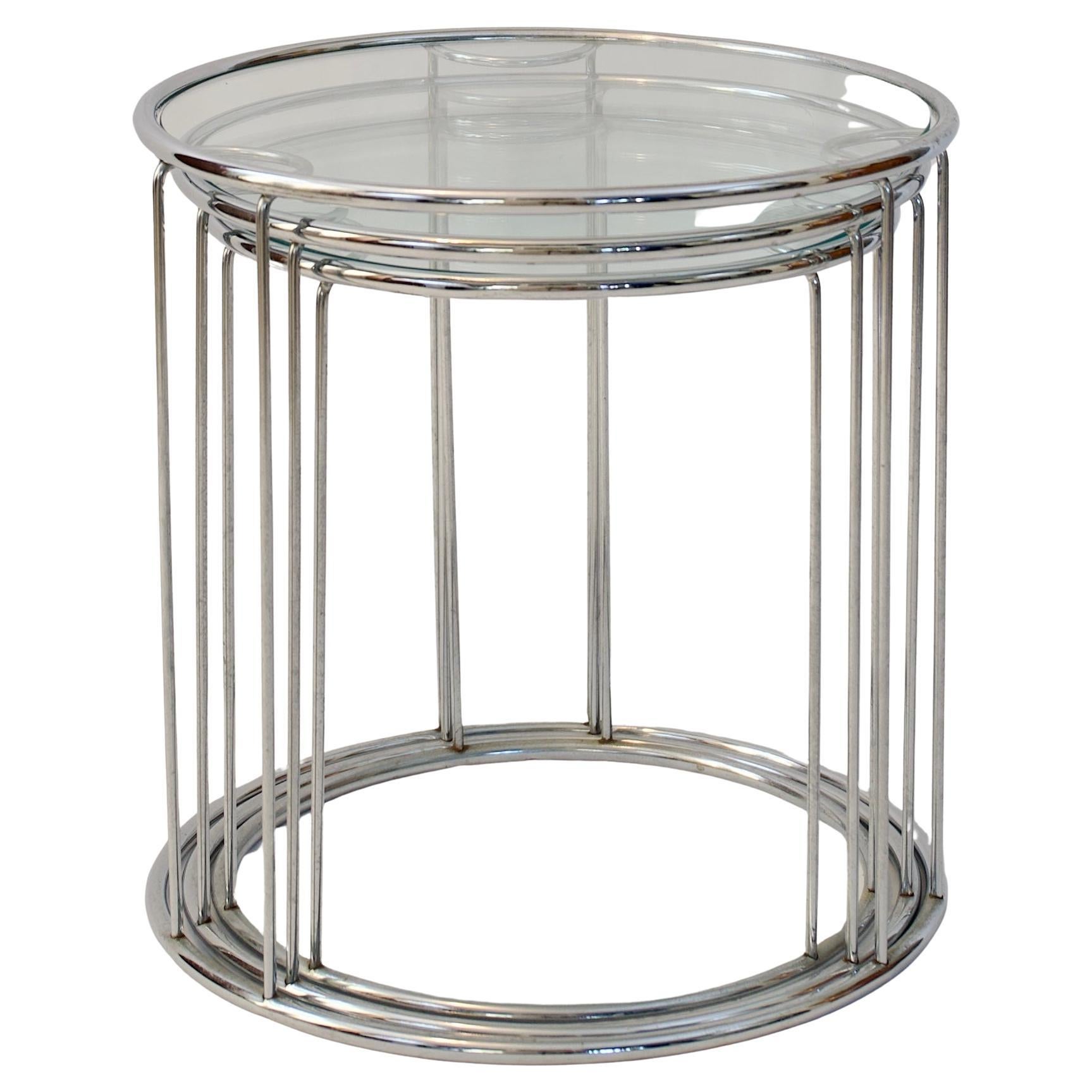 Set of Three Round Chrome and Glass Nesting End Tables Milo Baughman Style For Sale
