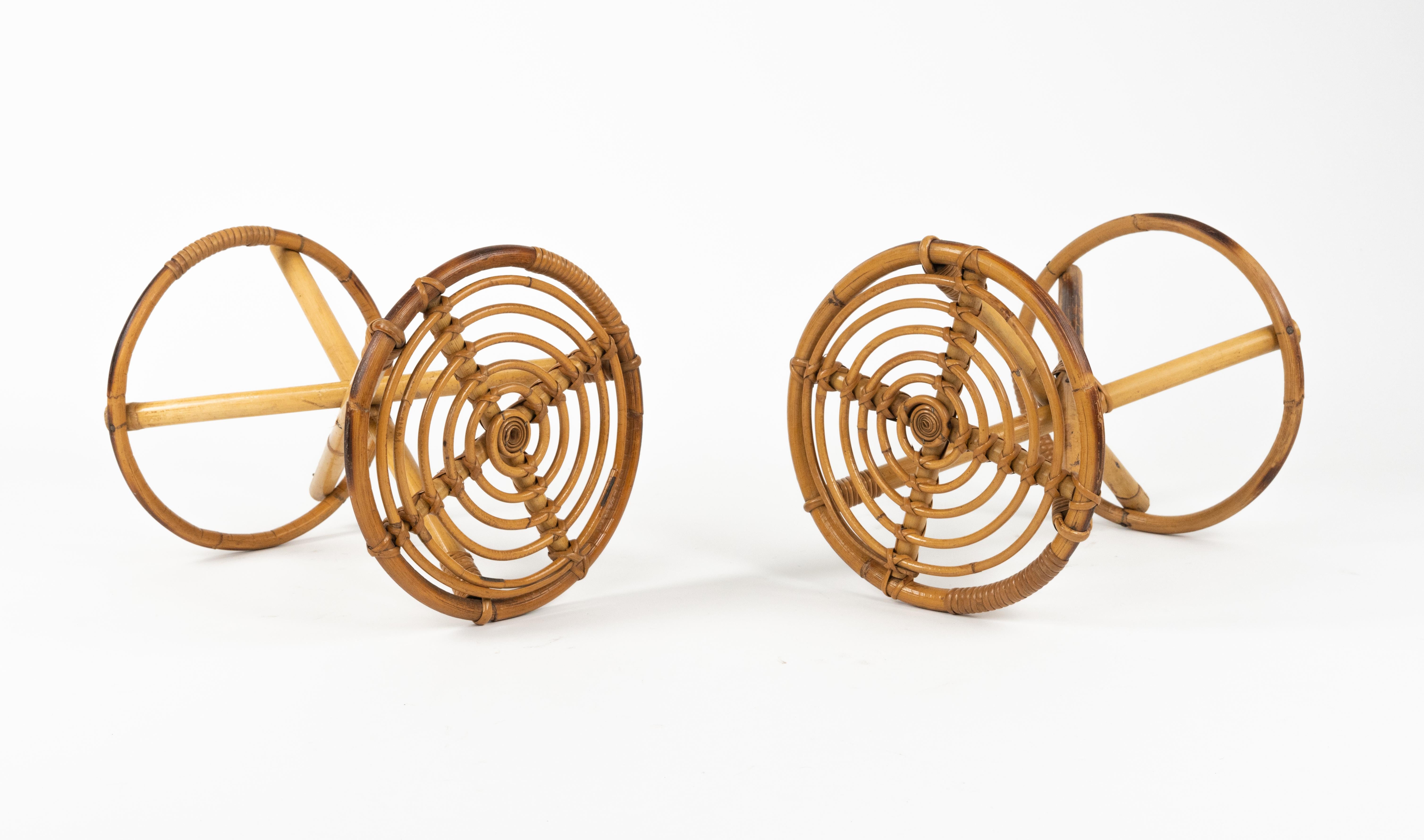 Set of Three Round Stools or Side Tables in rattan and Bamboo, Italy 1960s For Sale 10