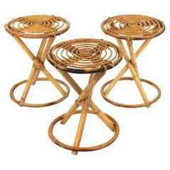 Set of Three Round Stools or Side Tables in rattan and Bamboo, Italy 1960s