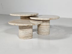 Set of Three Round Travertine Cocktail Tables, Italy, 1970s