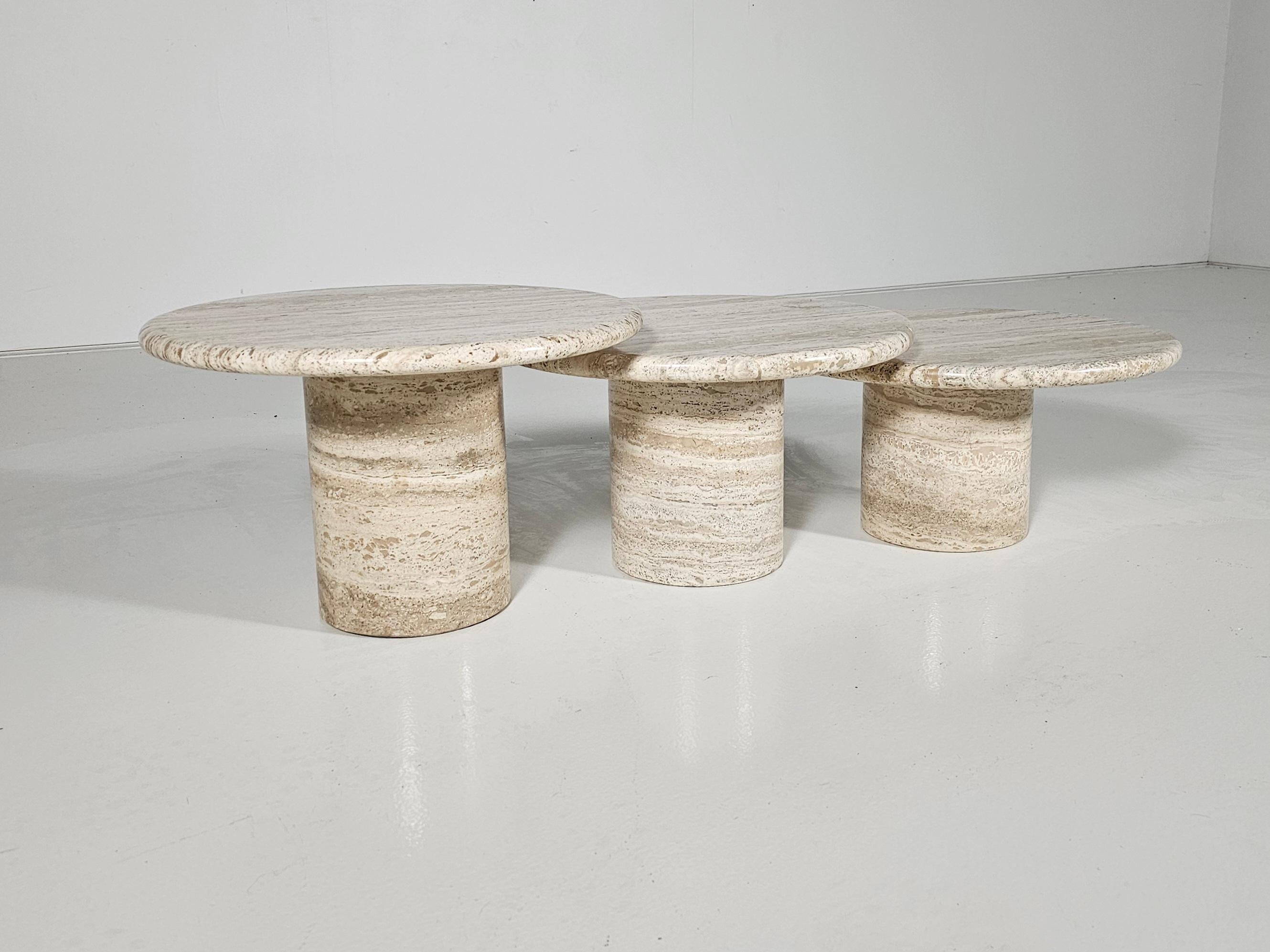 Late 20th Century Set of Three Round Travertine Cocktail Tables, Italy, 1970s