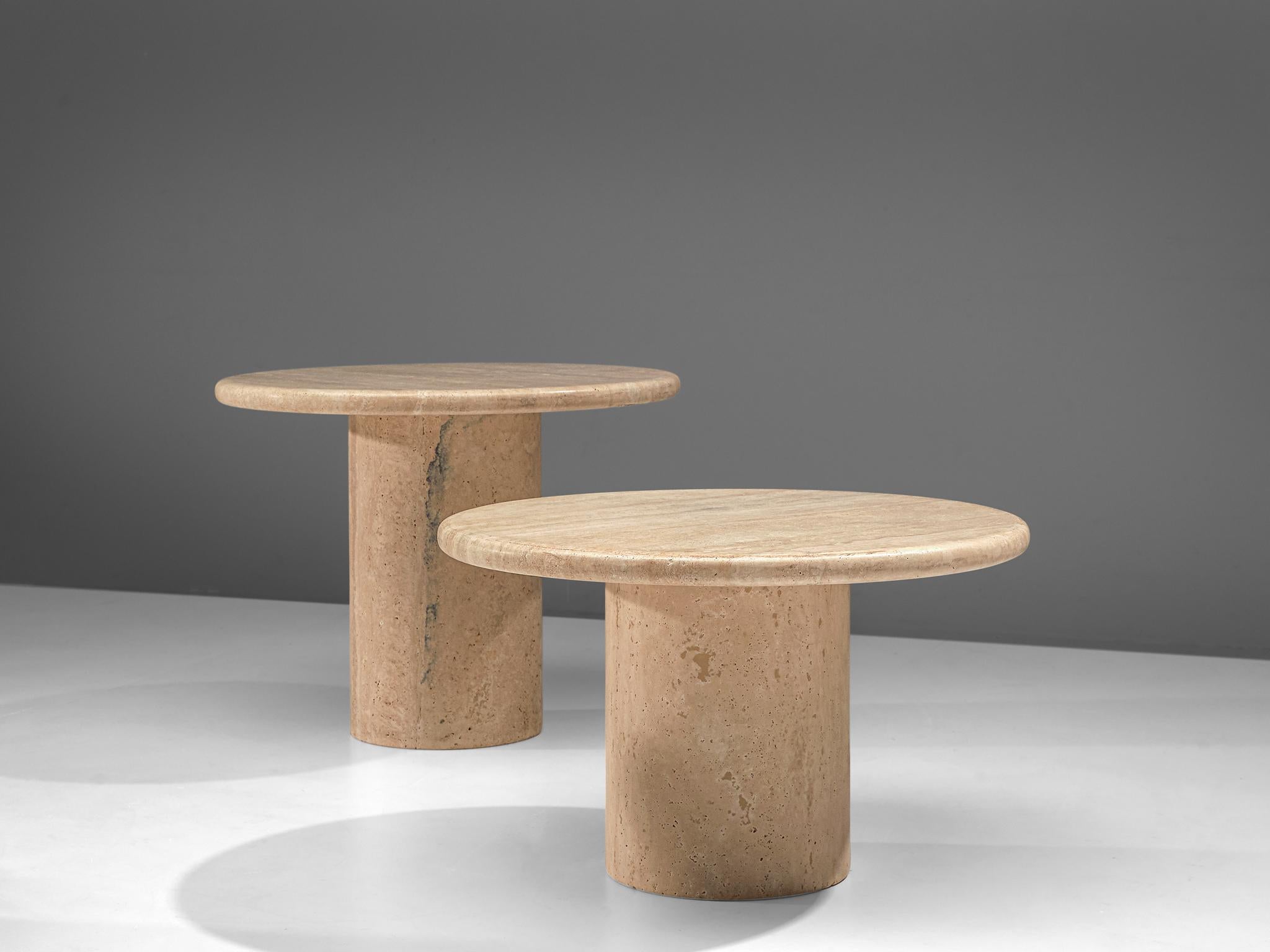 Late 20th Century Set of Three Round Travertine Cocktail Tables
