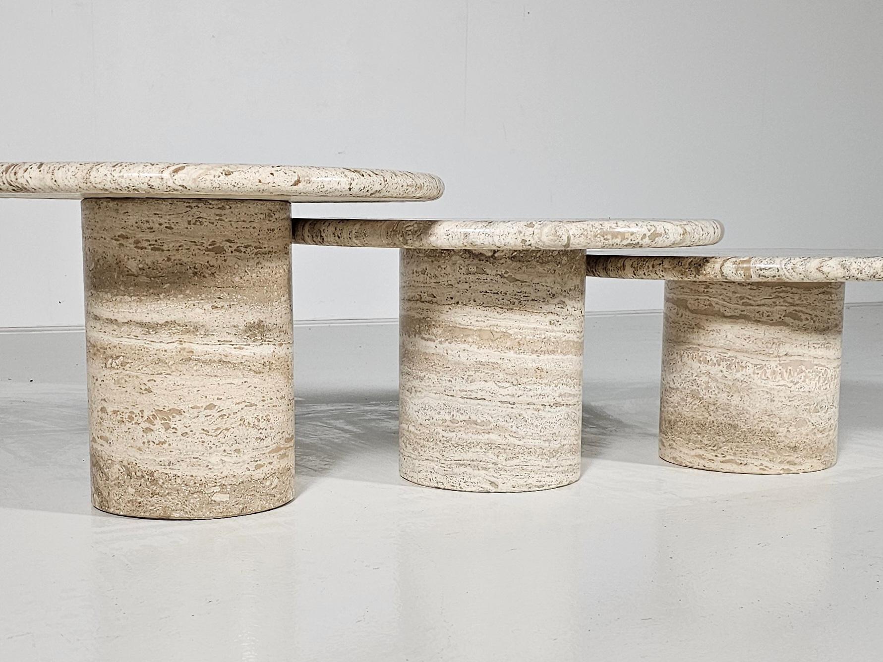 Set of Three Round Travertine Cocktail Tables, Italy, 1970s 1