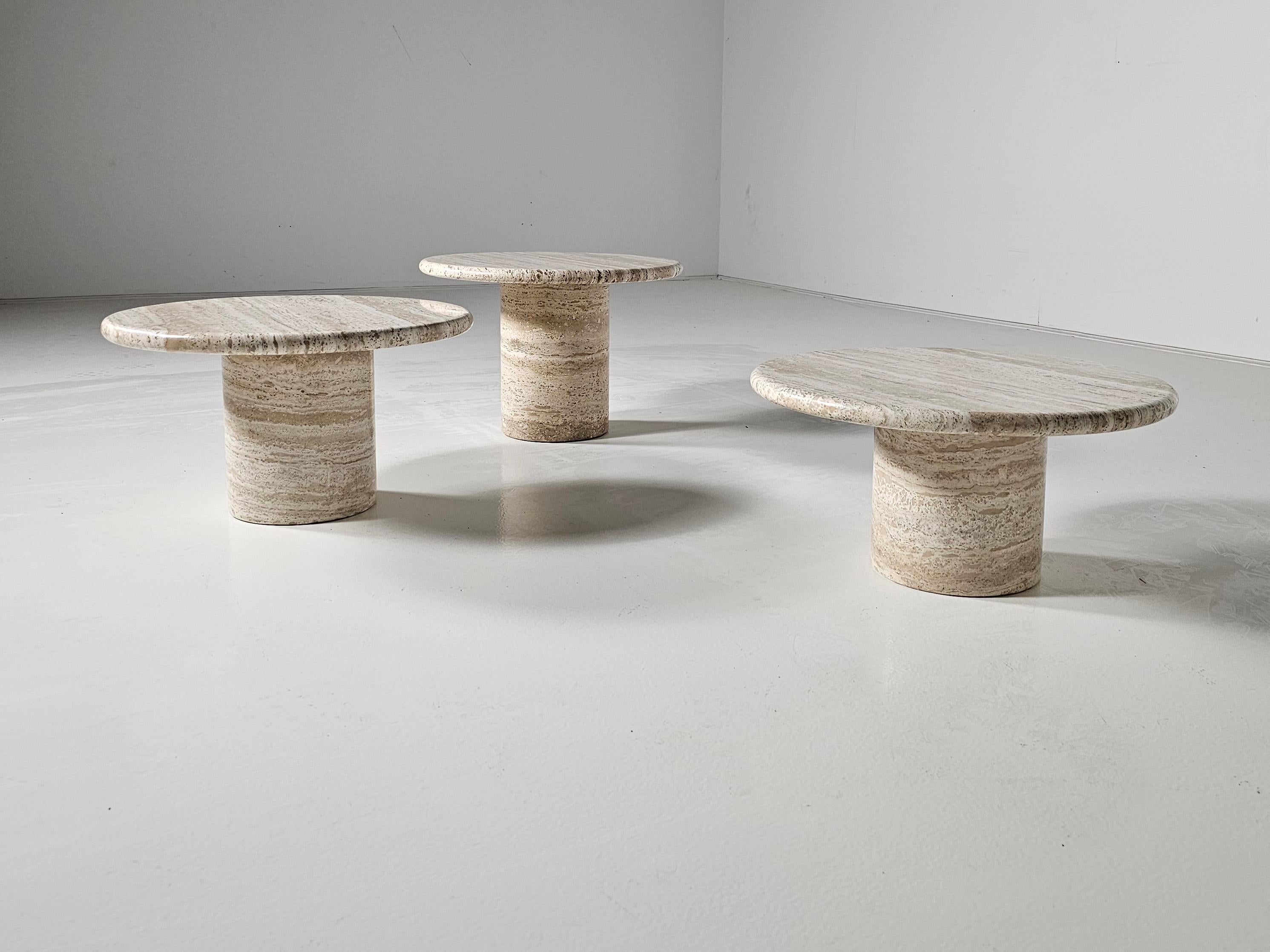 Set of Three Round Travertine Cocktail Tables, Italy, 1970s 2