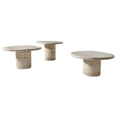 Set of Three Round Travertine Cocktail Tables, Italy, 1970s