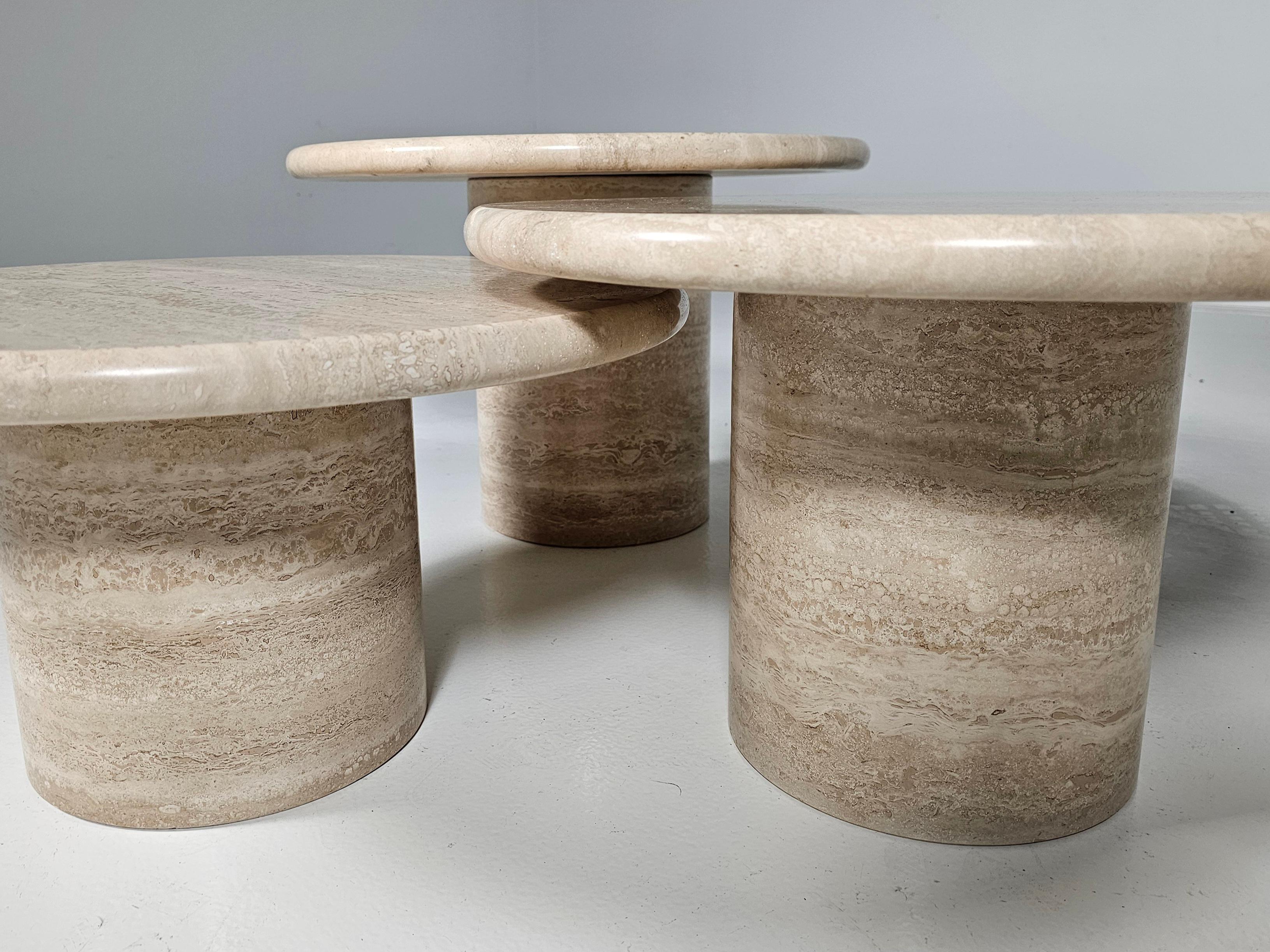 Set of Three Round Travertine Cocktail Tables, Italy, 1970s 5