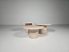 Set of Three Round Travertine Cocktail Tables, Italy, 1970s