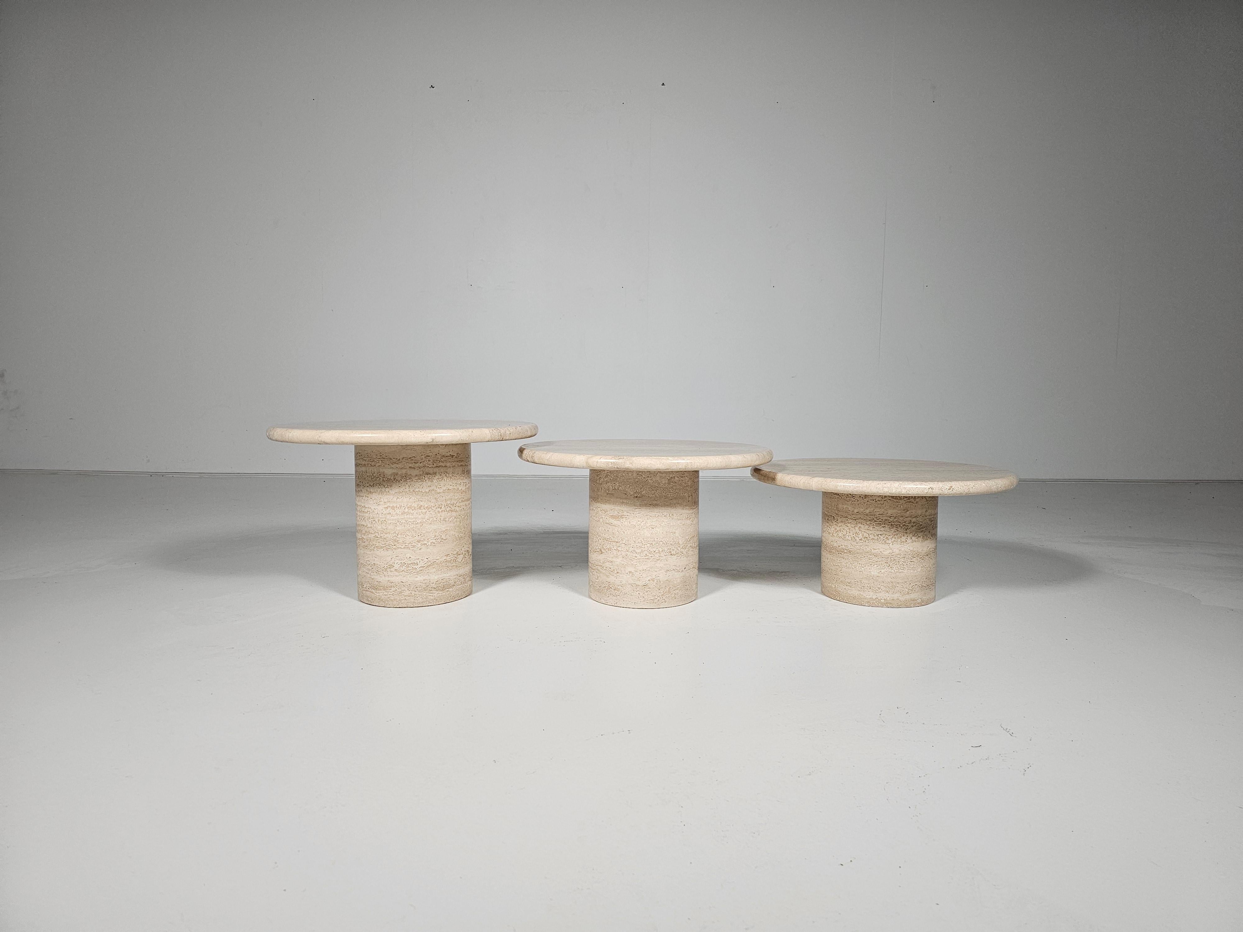 Late 20th Century Set of Three Round Travertine Cocktail Tables, Italy, 1970s
