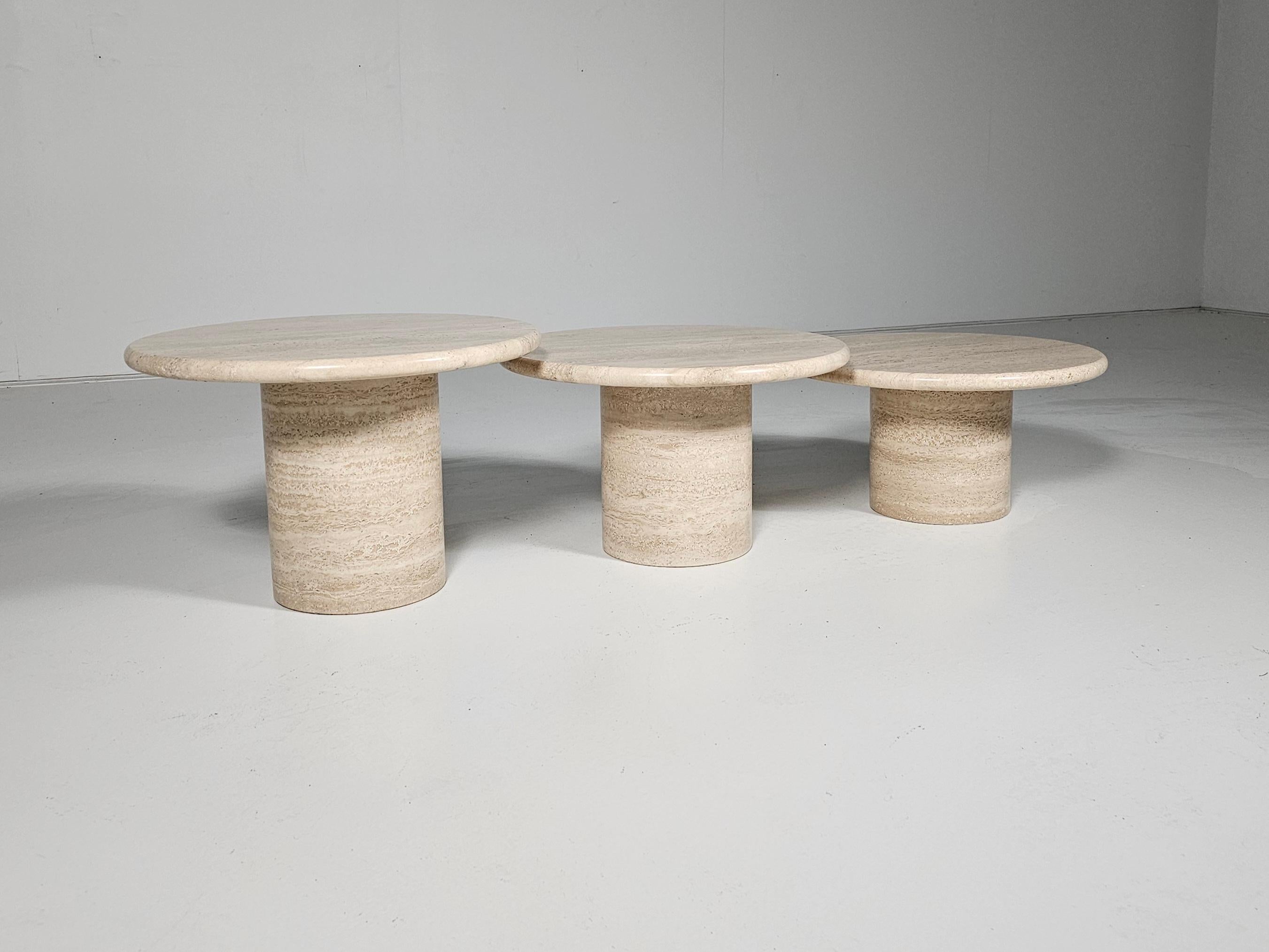 Set of Three Round Travertine Cocktail Tables, Italy, 1970s 1