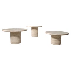 Set of Three Round Travertine Cocktail Tables, Italy, 1970s