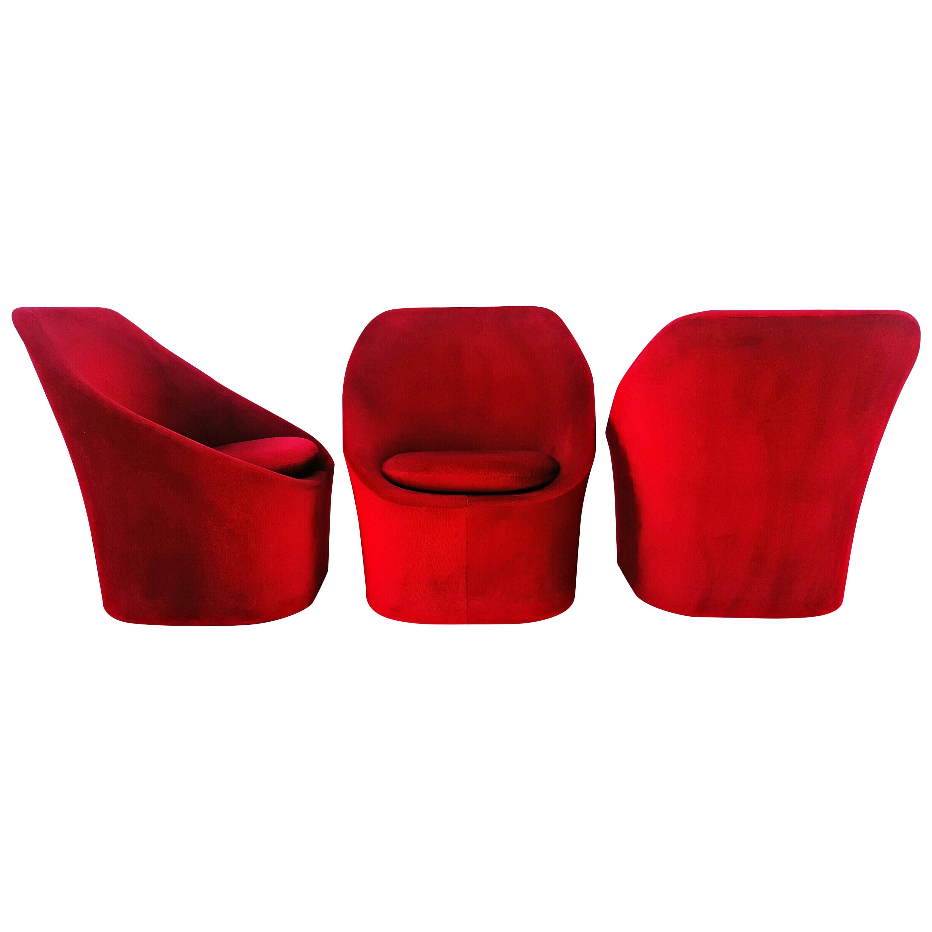 Ruby Velvet Lounge Chairs, circa 1970 For Sale