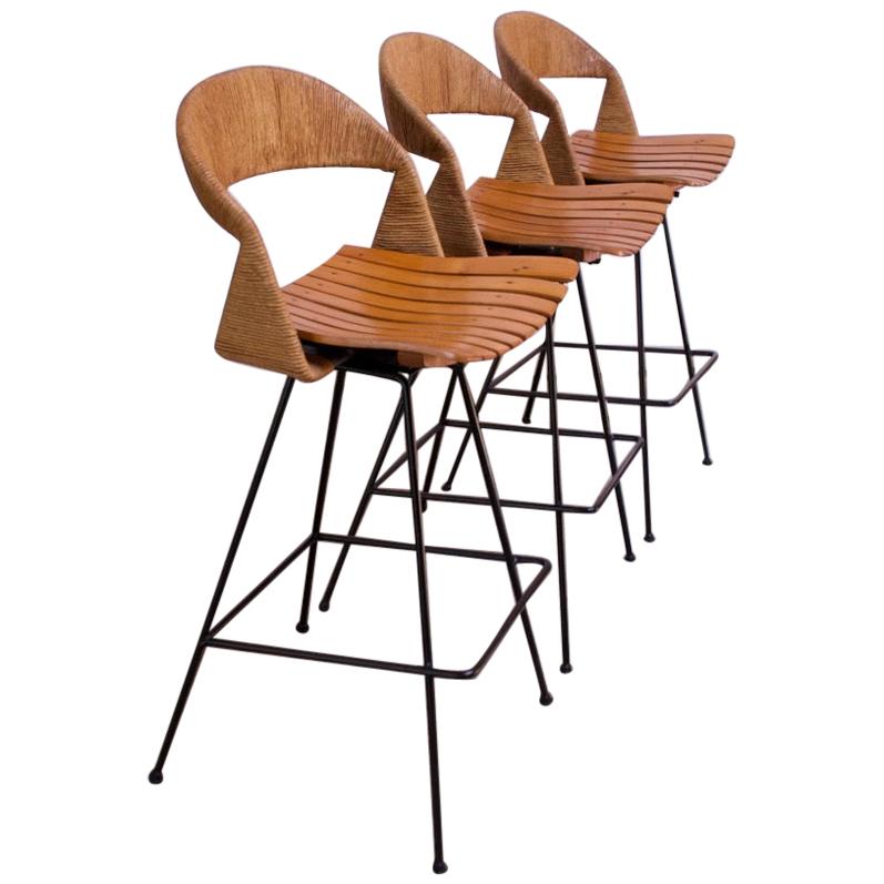 Set of Three Rush and Iron Swiveling Stools by Arthur Umanoff, Five Available