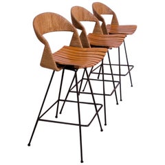 Set of Three Rush and Iron Swiveling Stools by Arthur Umanoff, Five Available