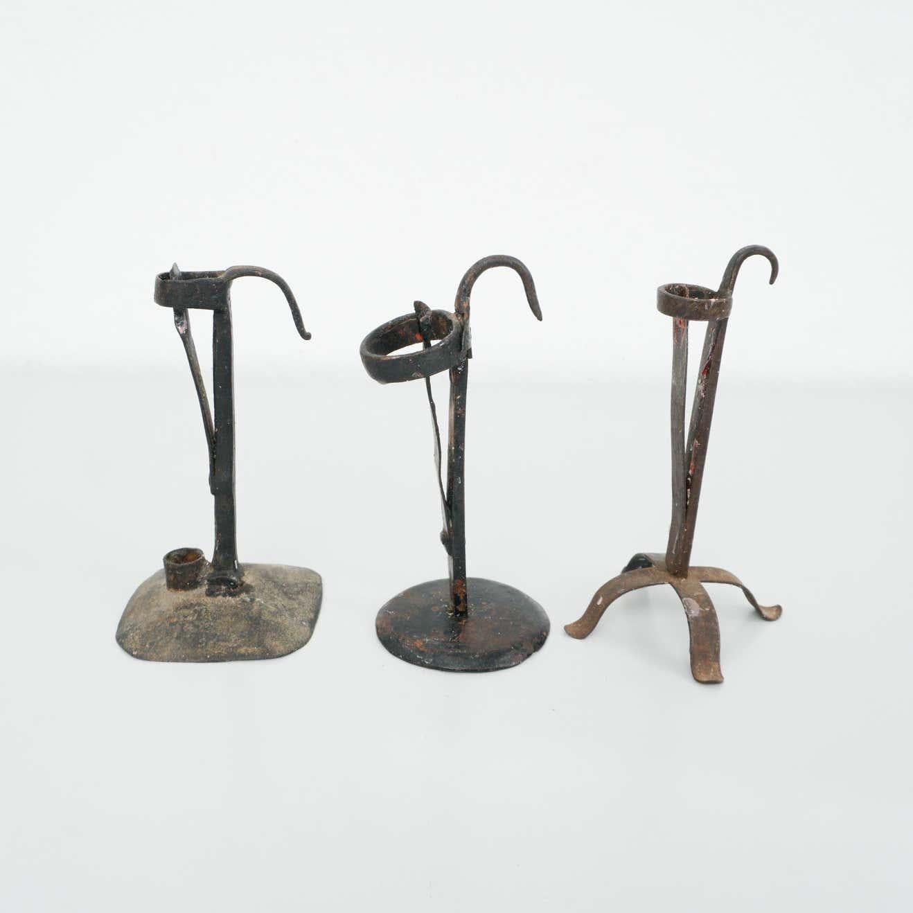 Mid-Century Modern Set of Three Rustic Metal Candle Holders, circa 1930 For Sale