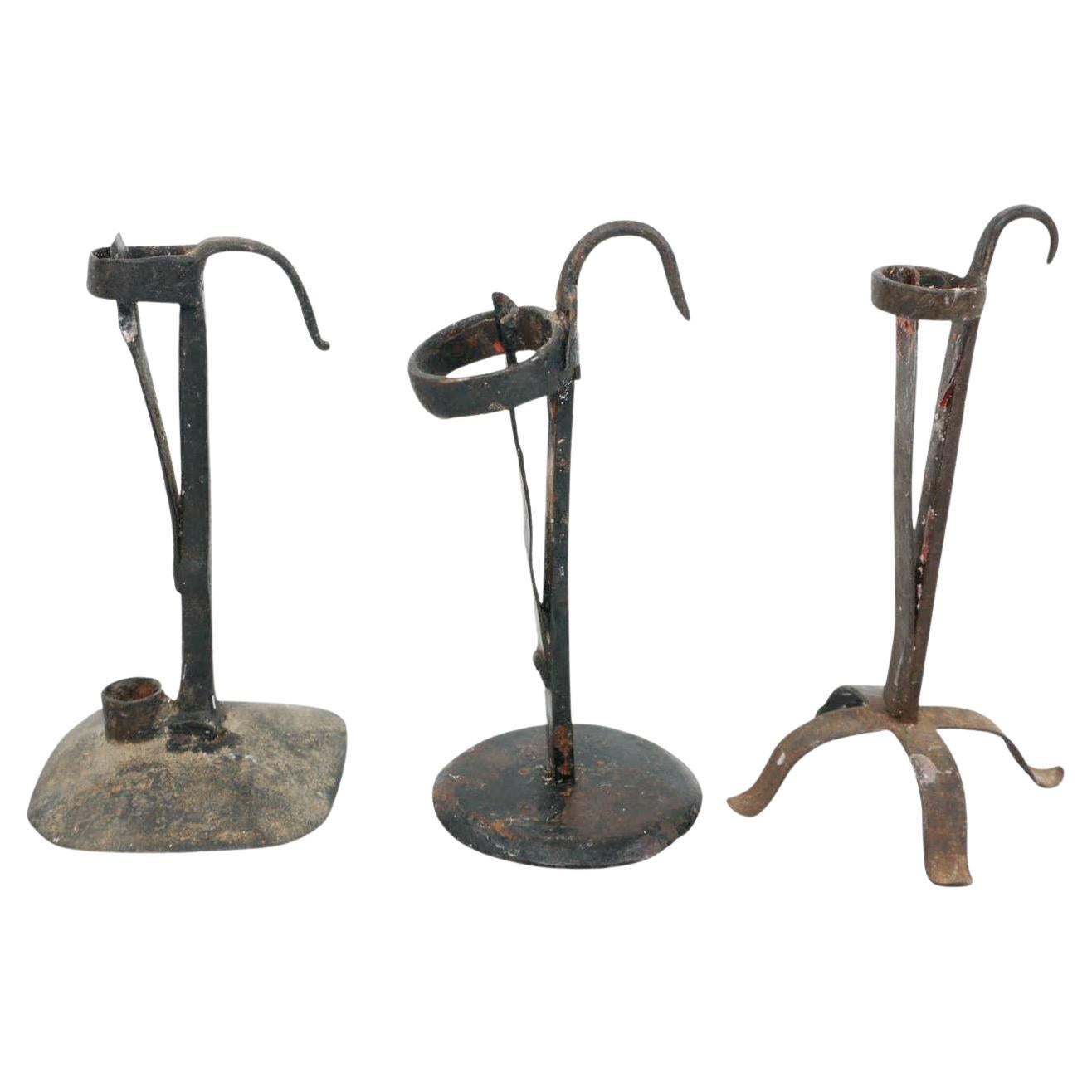 Set of Three Rustic Metal Candle Holders, circa 1930 For Sale