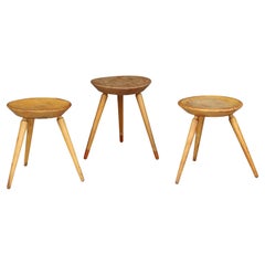 Set of Three Rustic Mid-Century Tripod Stools in Solid Wood, France, 1950s