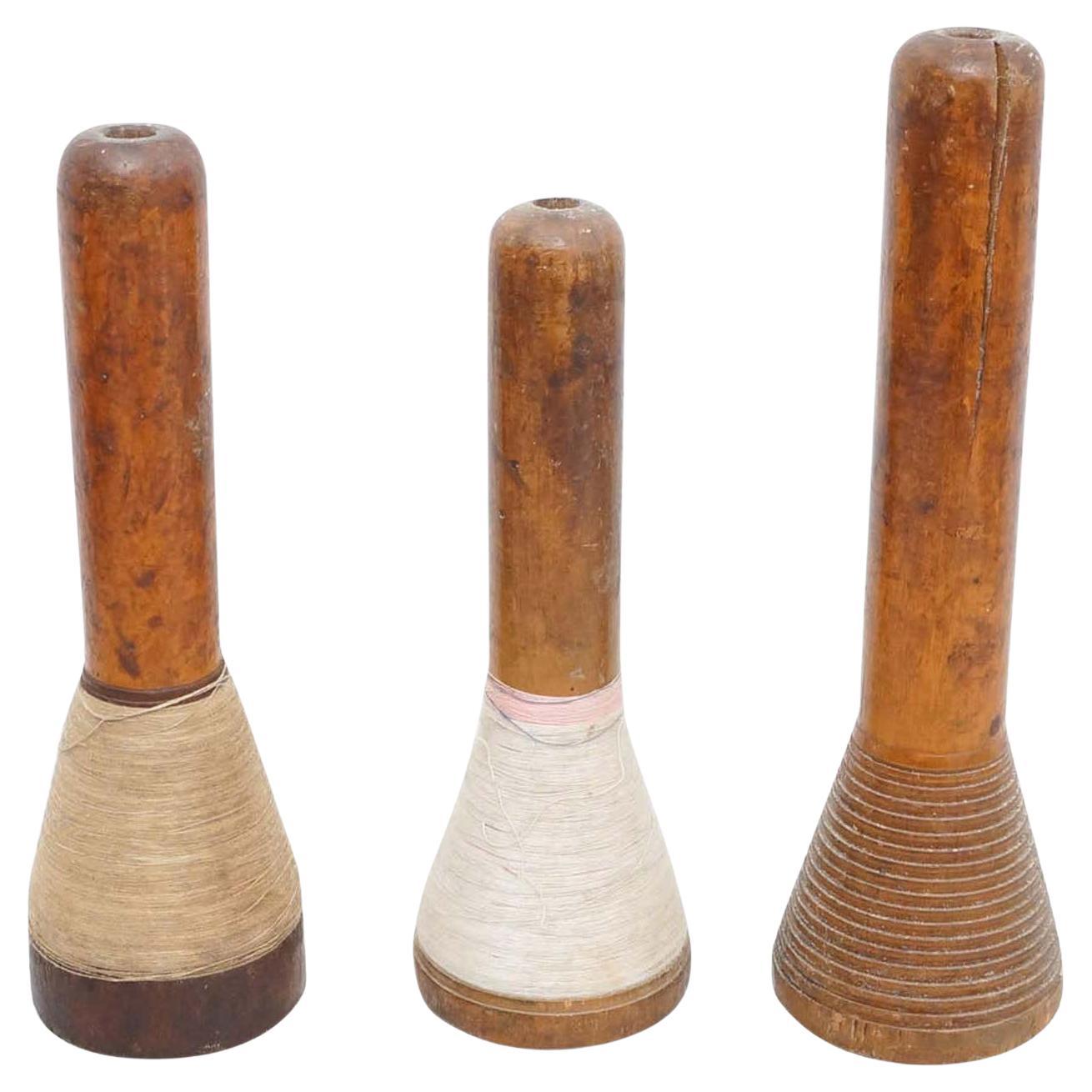 Set of Three Rustic Wooden Spools of Thread, circa 1930 For Sale