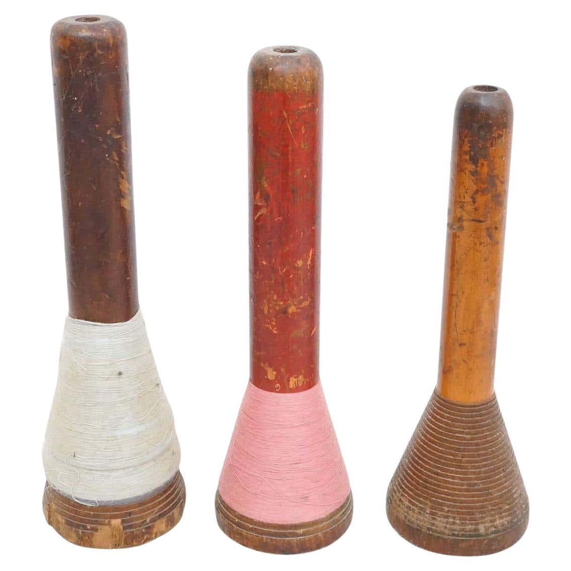 Set of Three Rustic Wooden Spools of Thread, circa 1930 For Sale