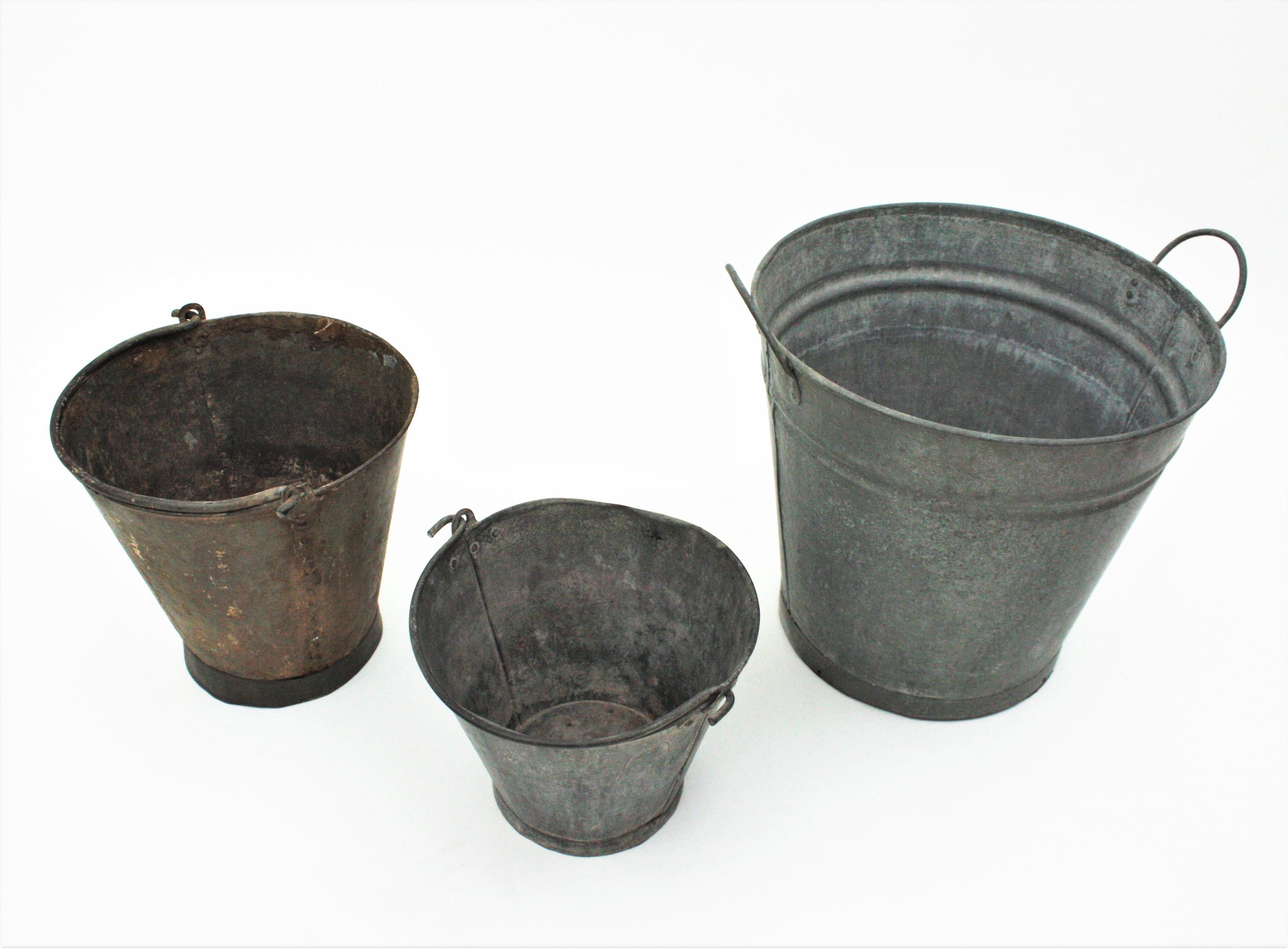 Spanish Set of Three Rustic Zinc Water Buckets For Sale