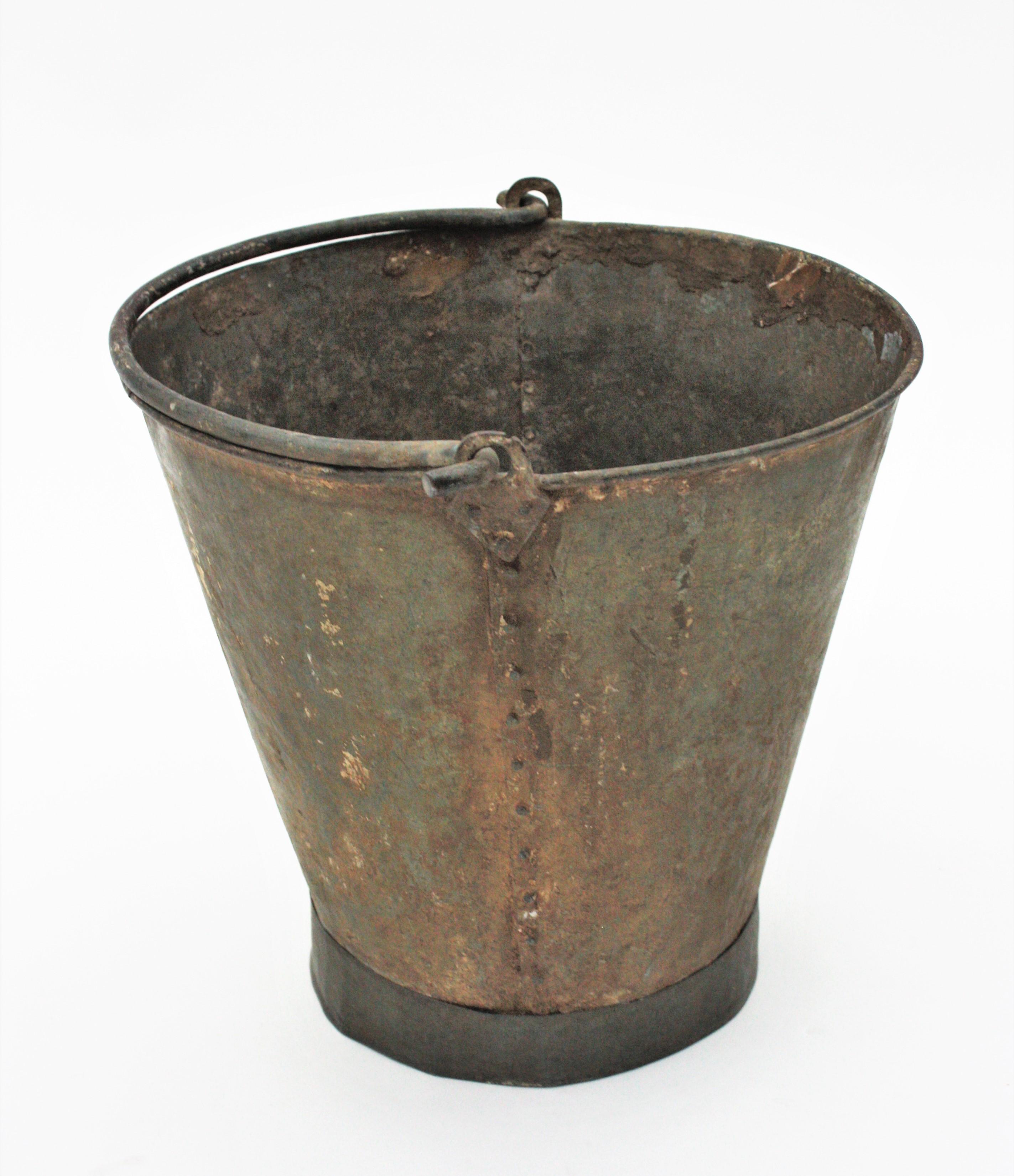 Set of Three Rustic Zinc Water Buckets For Sale 1