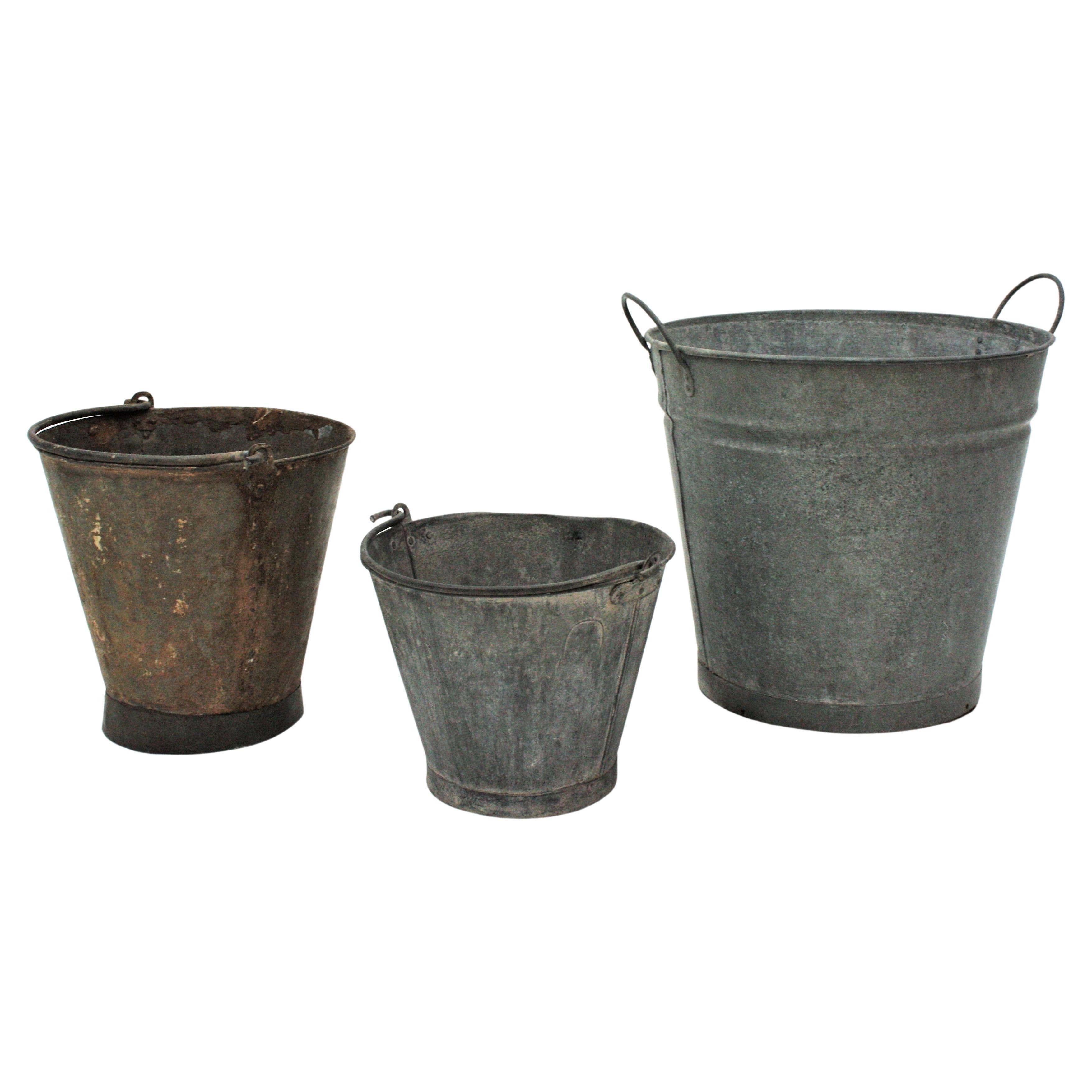Set of Three Rustic Zinc Water Buckets For Sale
