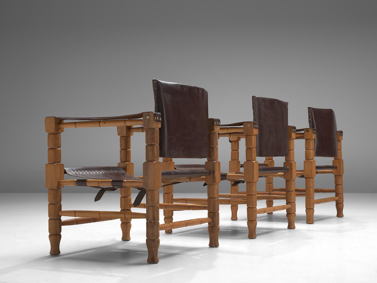 Mid-Century Modern Set of Three Safari Chairs with Sculptural Wooden Frames