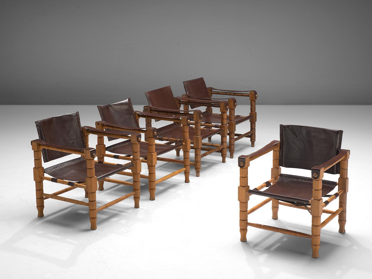 Leather Set of Three Safari Chairs with Sculptural Wooden Frames