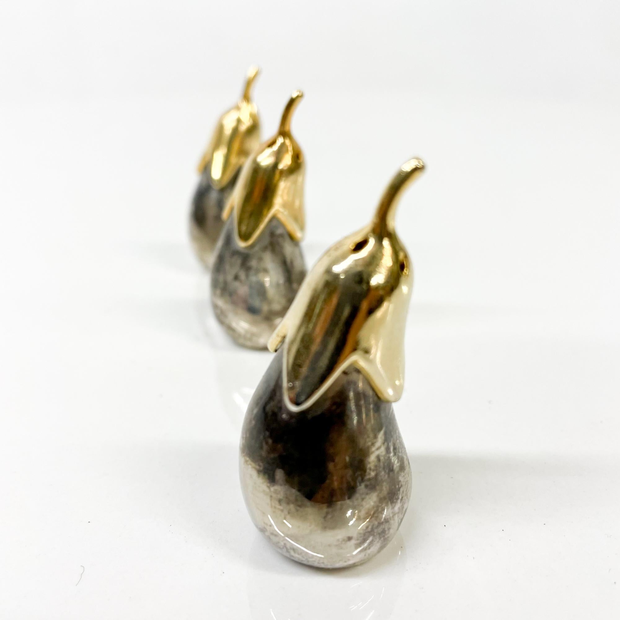 Silver Plate 1980s Set of Three Saltshakers Eggplant Shaped in Silverplate & Brass