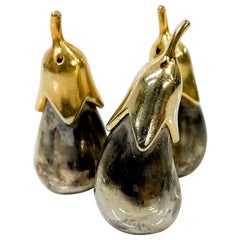 Set of Three Salt Shakers in the Shape of an Eggplant Silver Plated & Brass