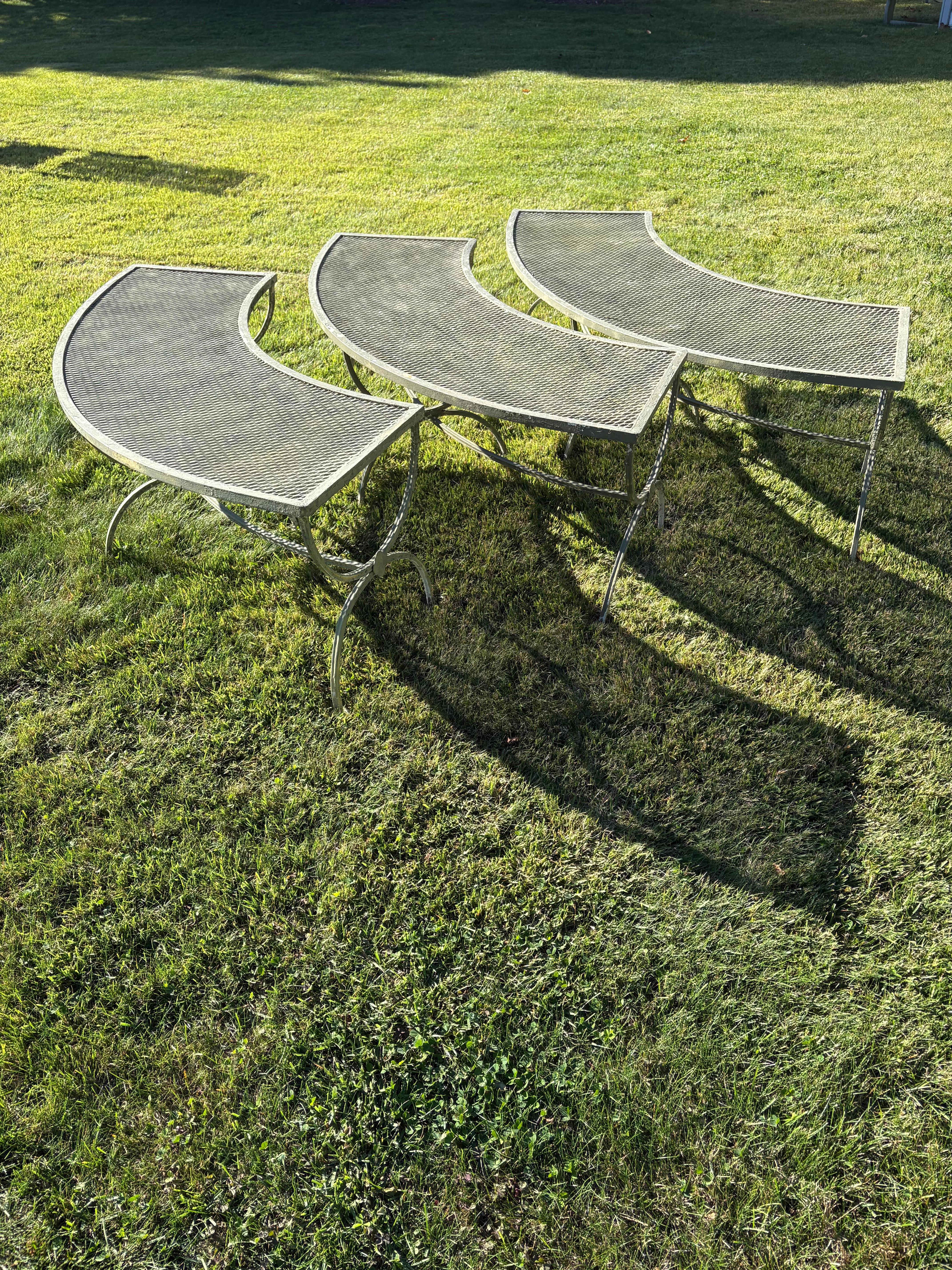 Set of Three Salterini Curved Iron and Mesh Outdoor Benches For Sale 3