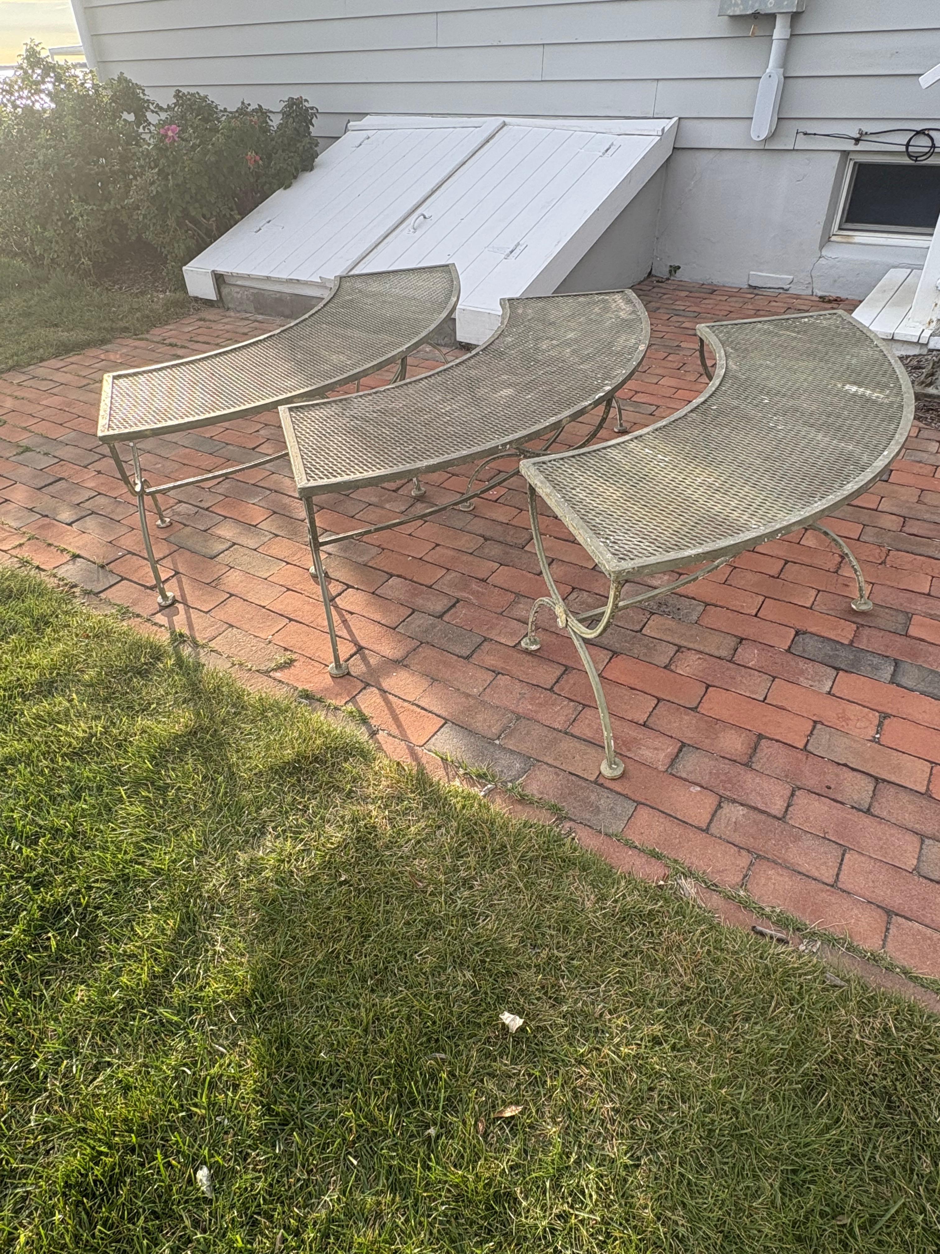 Set of Three Salterini Curved Iron and Mesh Outdoor Benches For Sale 8