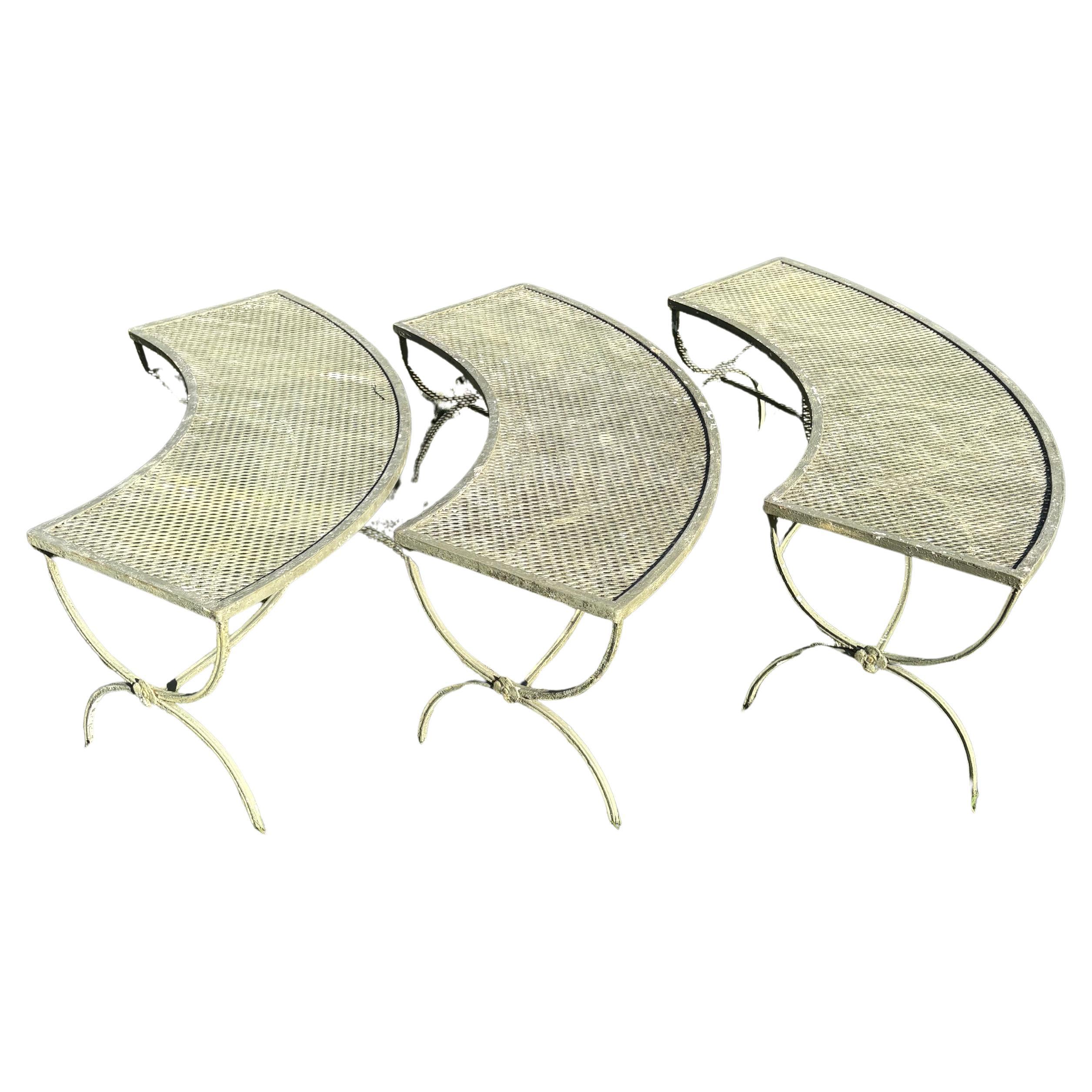 Mid-Century Modern Set of Three Salterini Curved Iron and Mesh Outdoor Benches For Sale