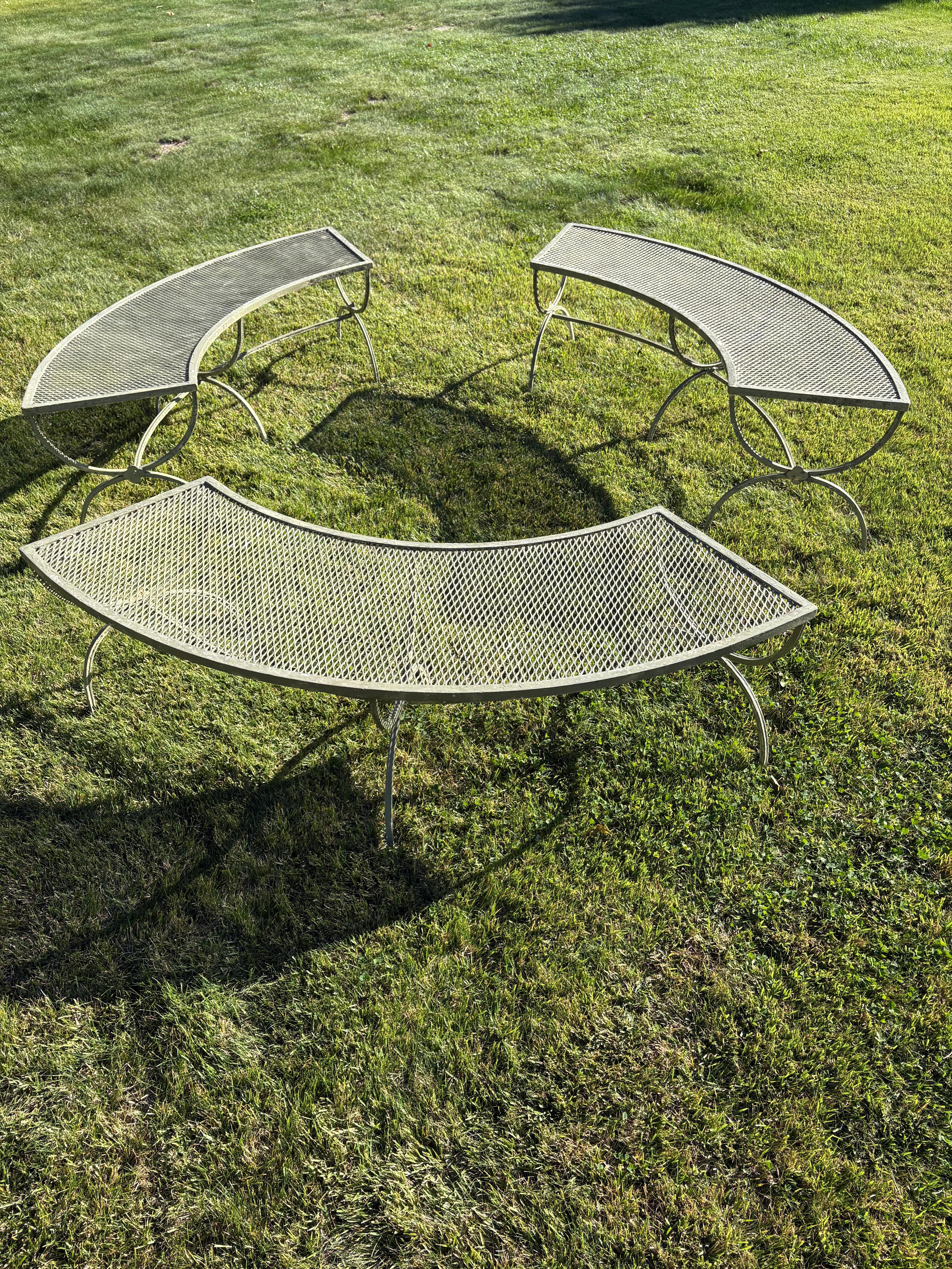 Wrought Iron Set of Three Salterini Curved Iron and Mesh Outdoor Benches For Sale