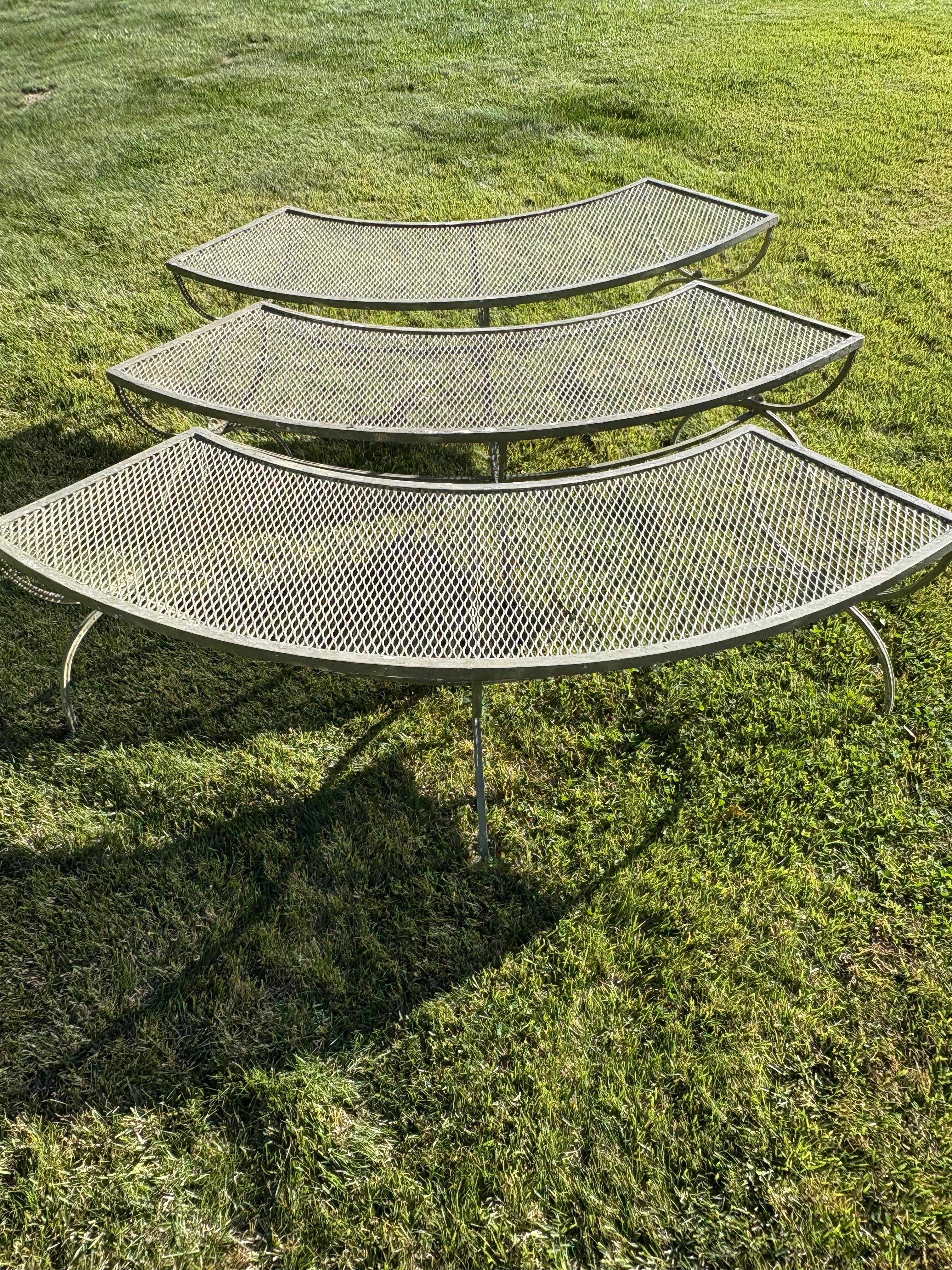 Set of Three Salterini Curved Iron and Mesh Outdoor Benches For Sale 1