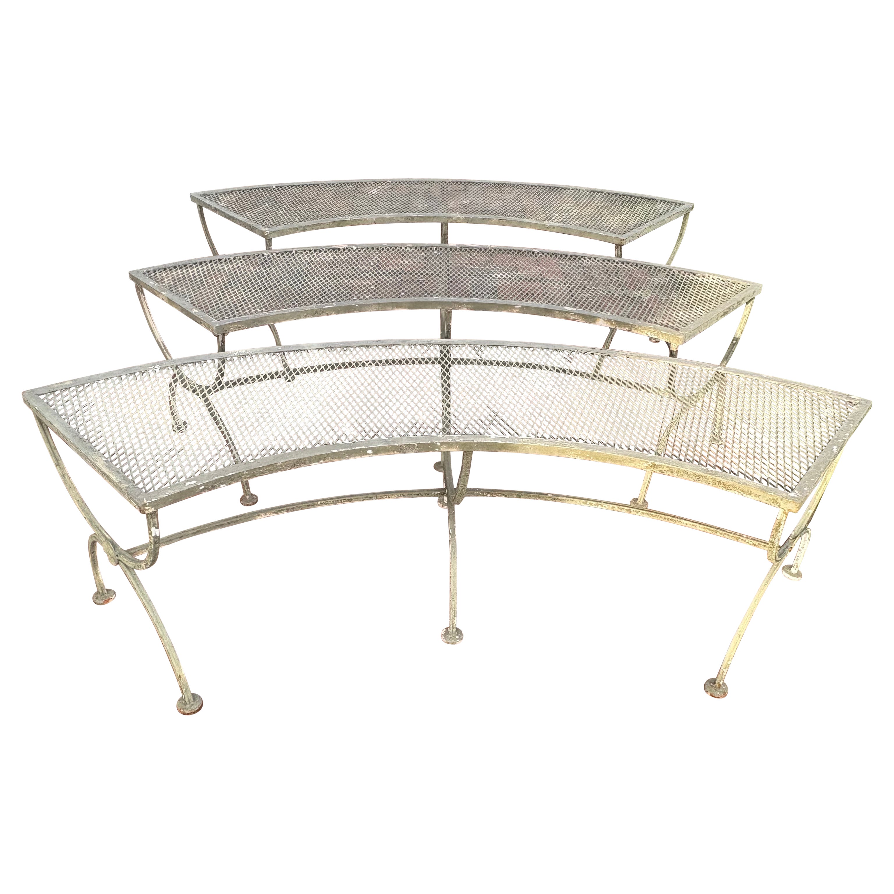Set of Three Salterini Curved Iron and Mesh Outdoor Benches For Sale