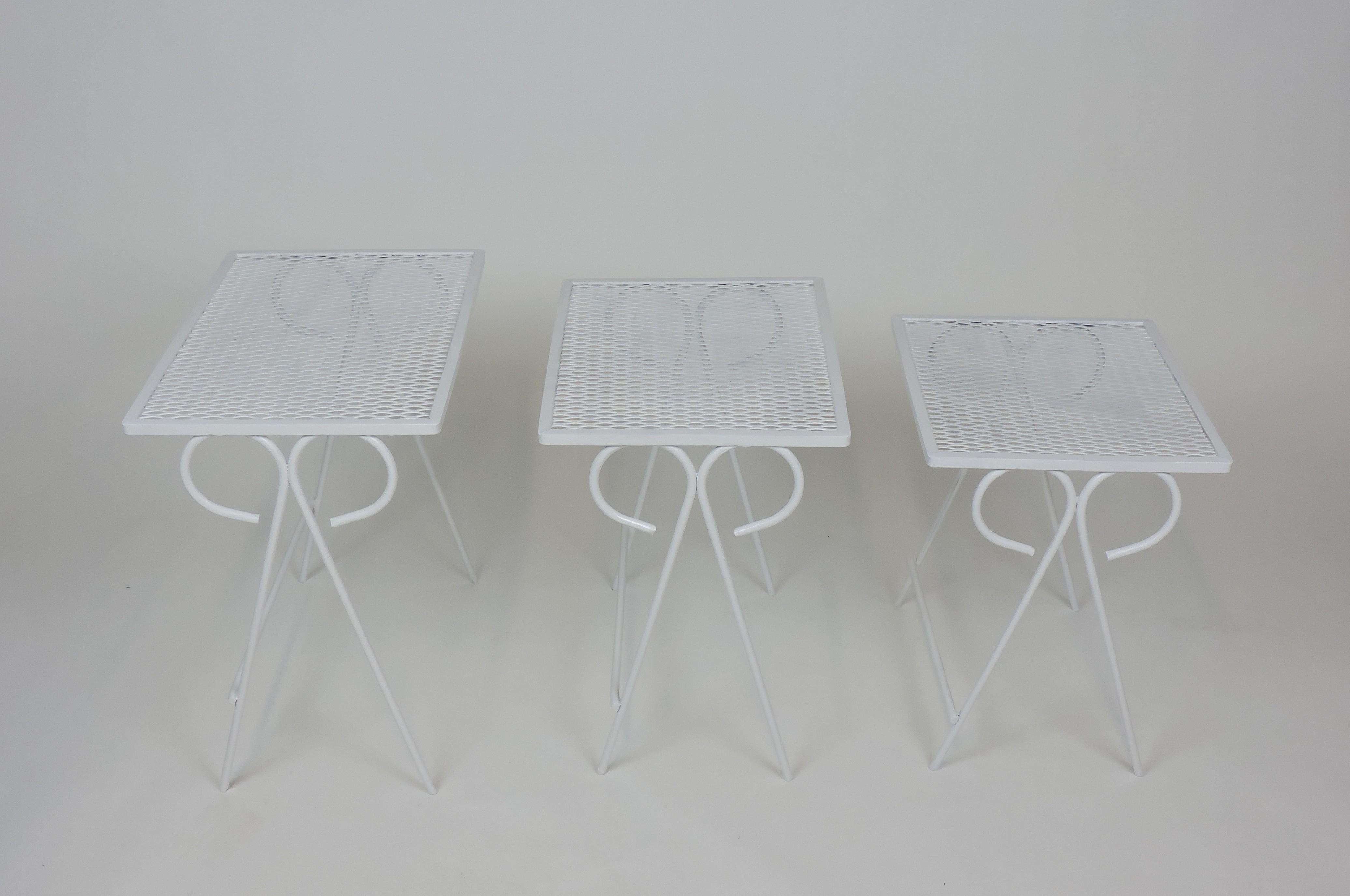 American Set of Three Salterini Mid-Century Modern Wrought Iron Patio Nesting Tables